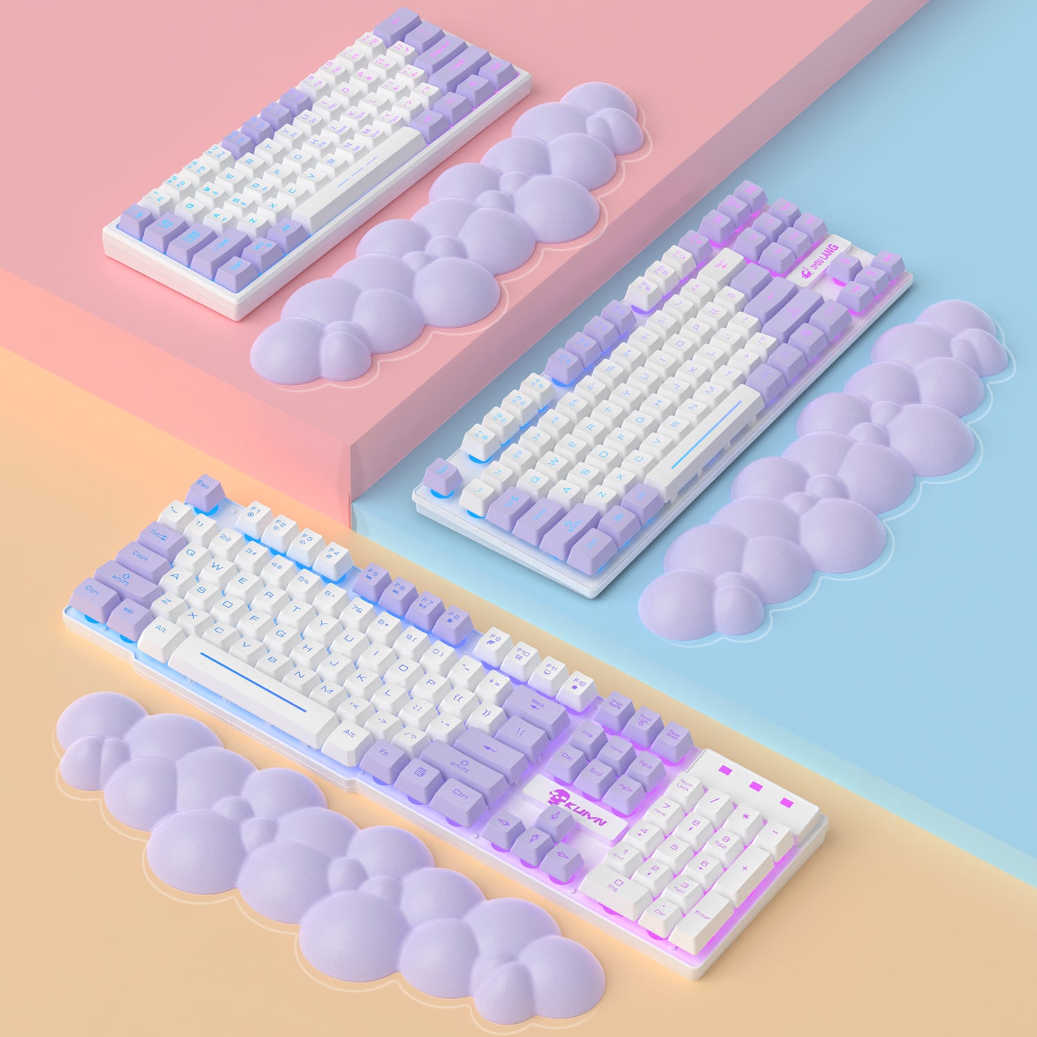 Cloud-shaped wrist rests in purple beside pastel mechanical keyboards on colorful backgrounds.