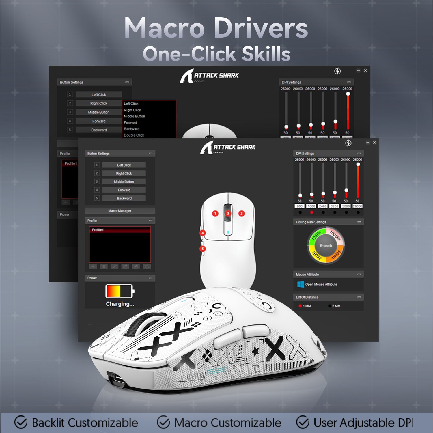 X3PRO white gaming mouse with macro drivers and customization settings on screens