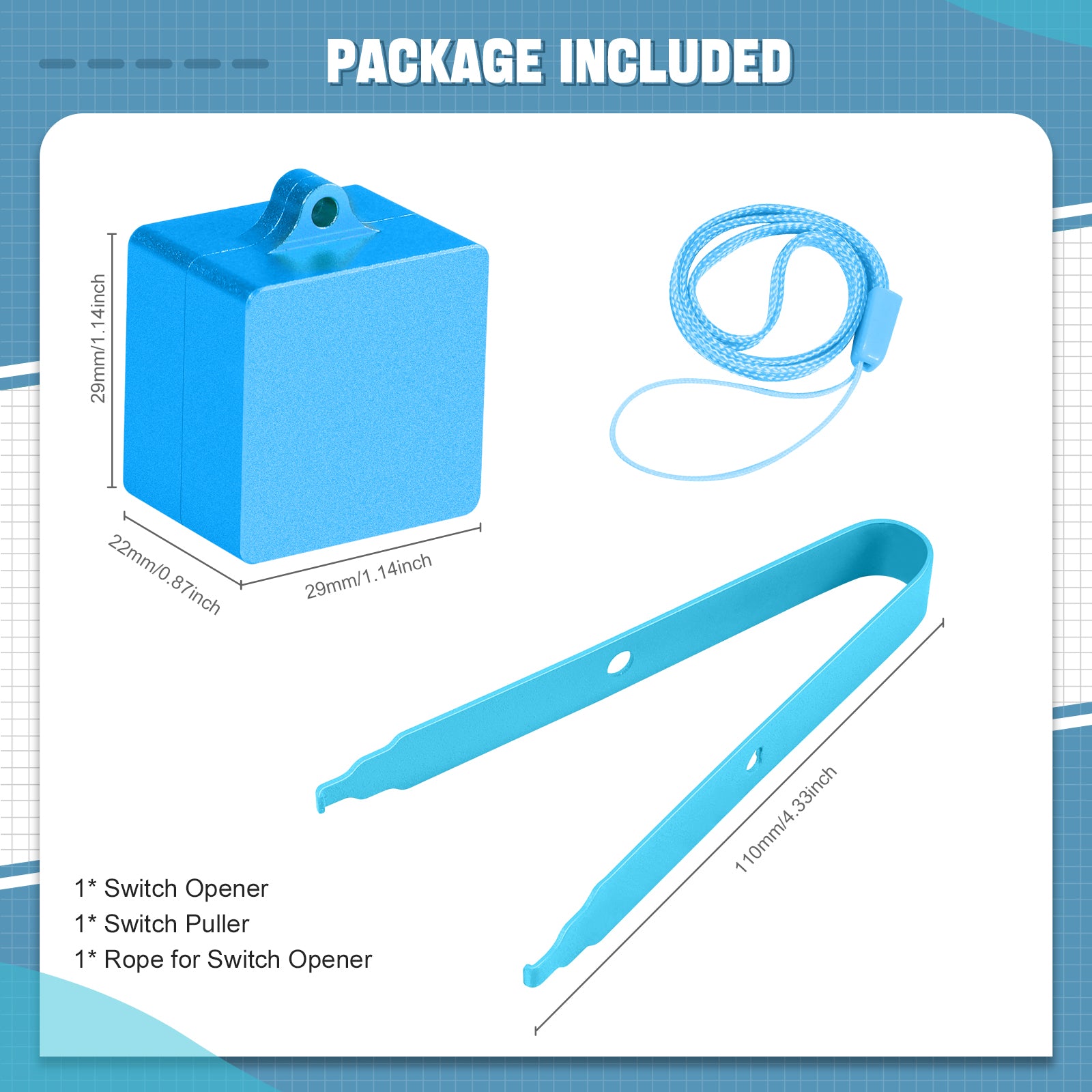 Blue switch opener kit with puller and rope for mechanical keyboard customization.