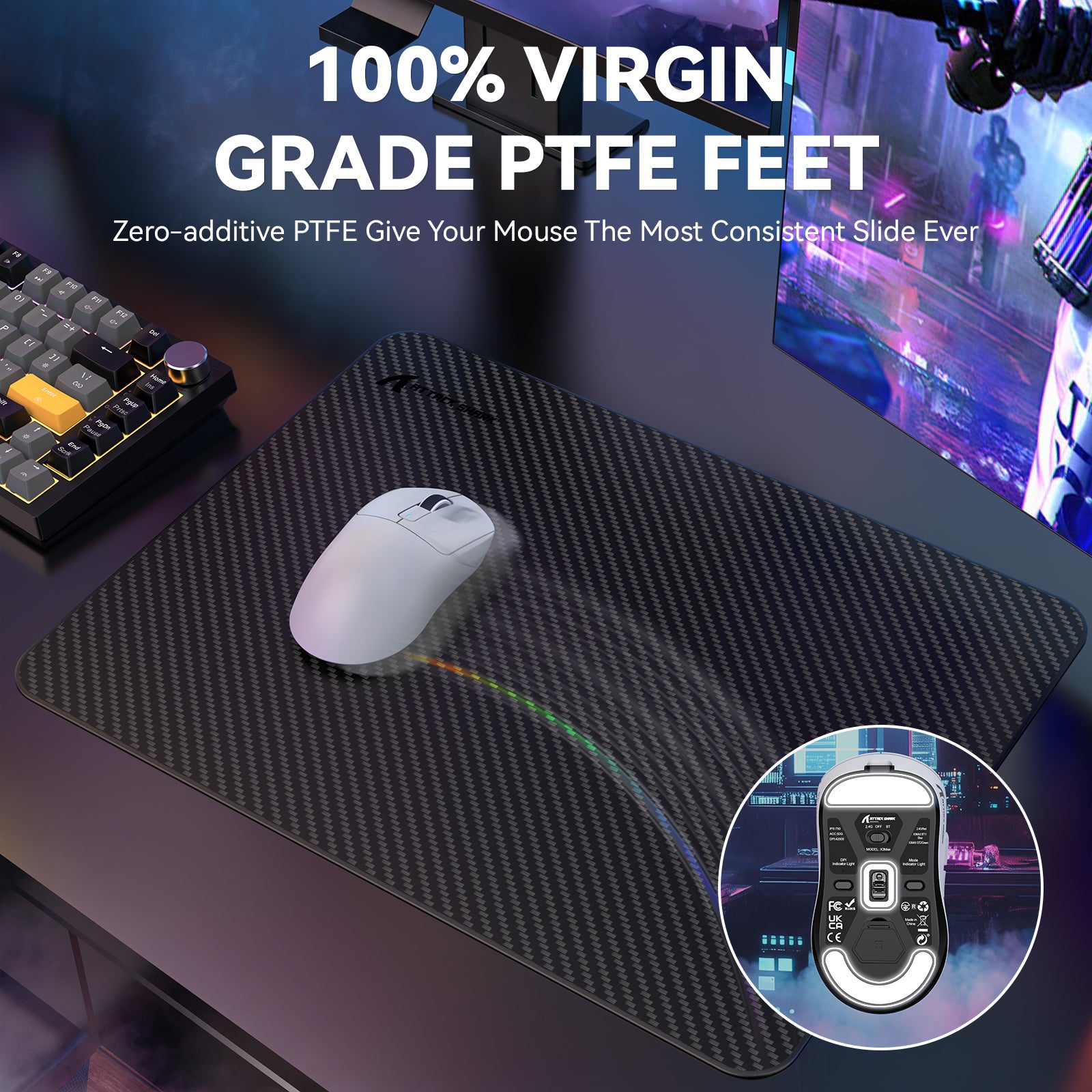 X3MAX wireless gaming mouse on mouse pad with virgin grade PTFE feet for smooth glide.