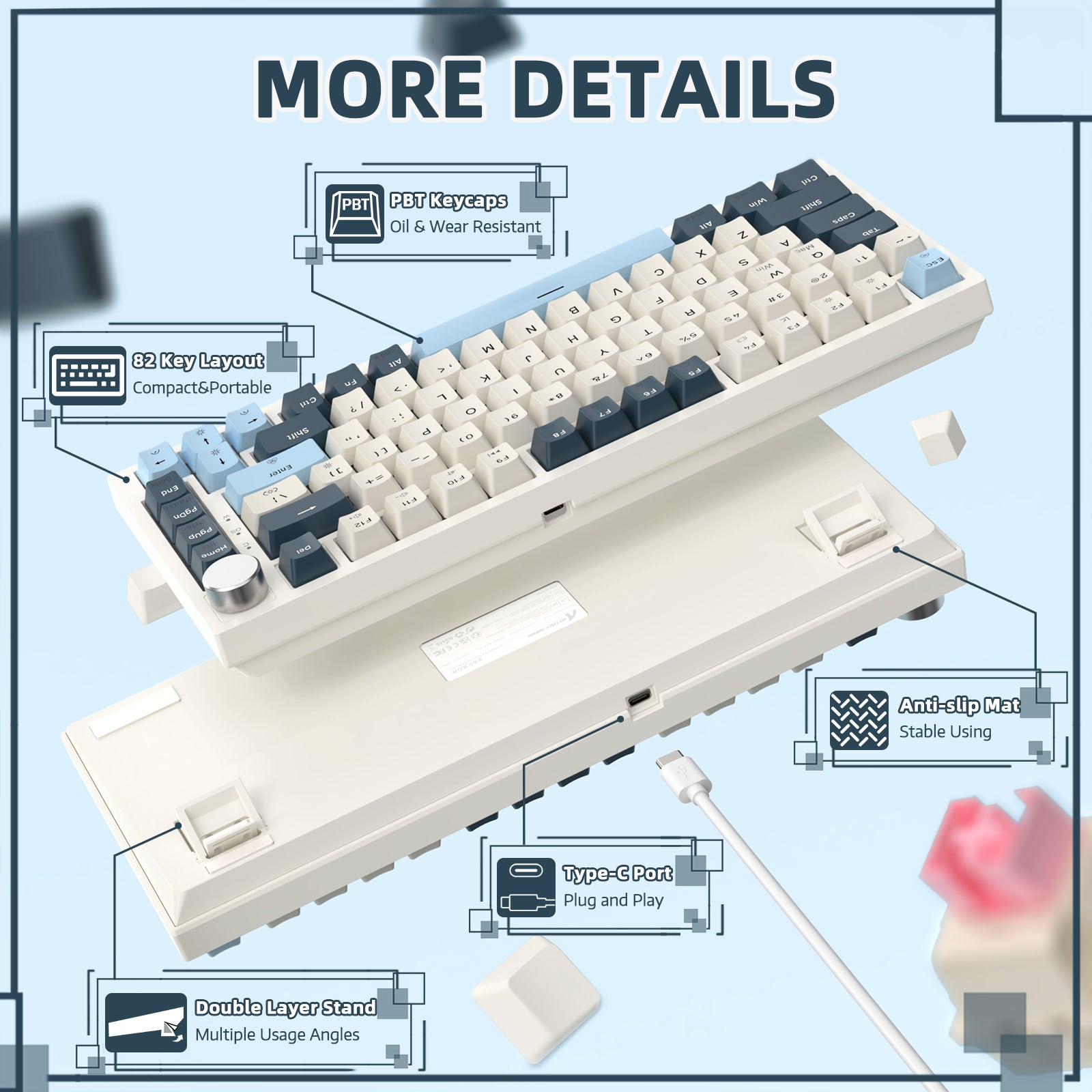 K85 keyboard features: PBT keycaps, 82-key layout, anti-slip mat, Type-C port, and double-layer stand.