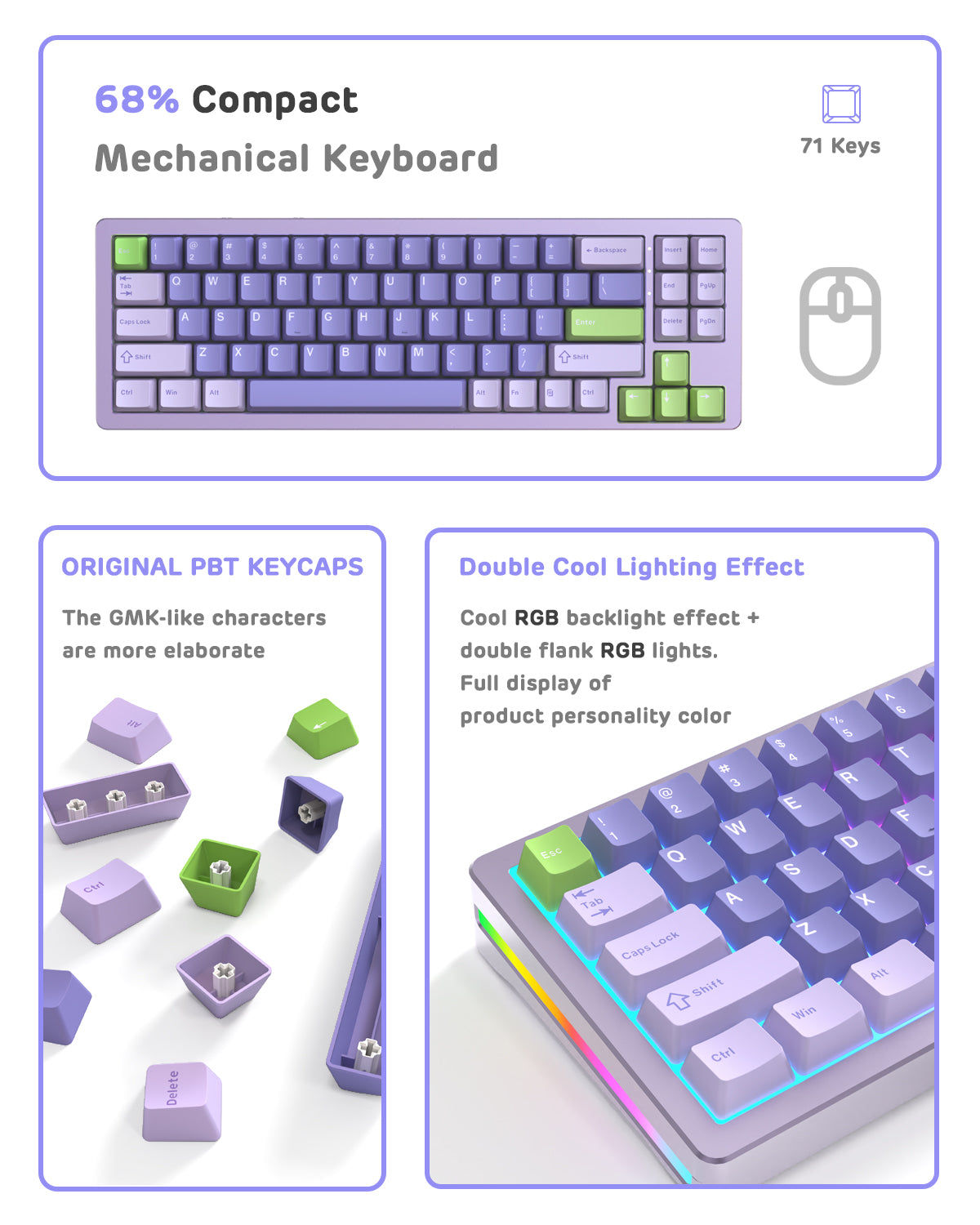 Attack Shark M71 compact keyboard with RGB lighting and purple-green PBT keycaps.