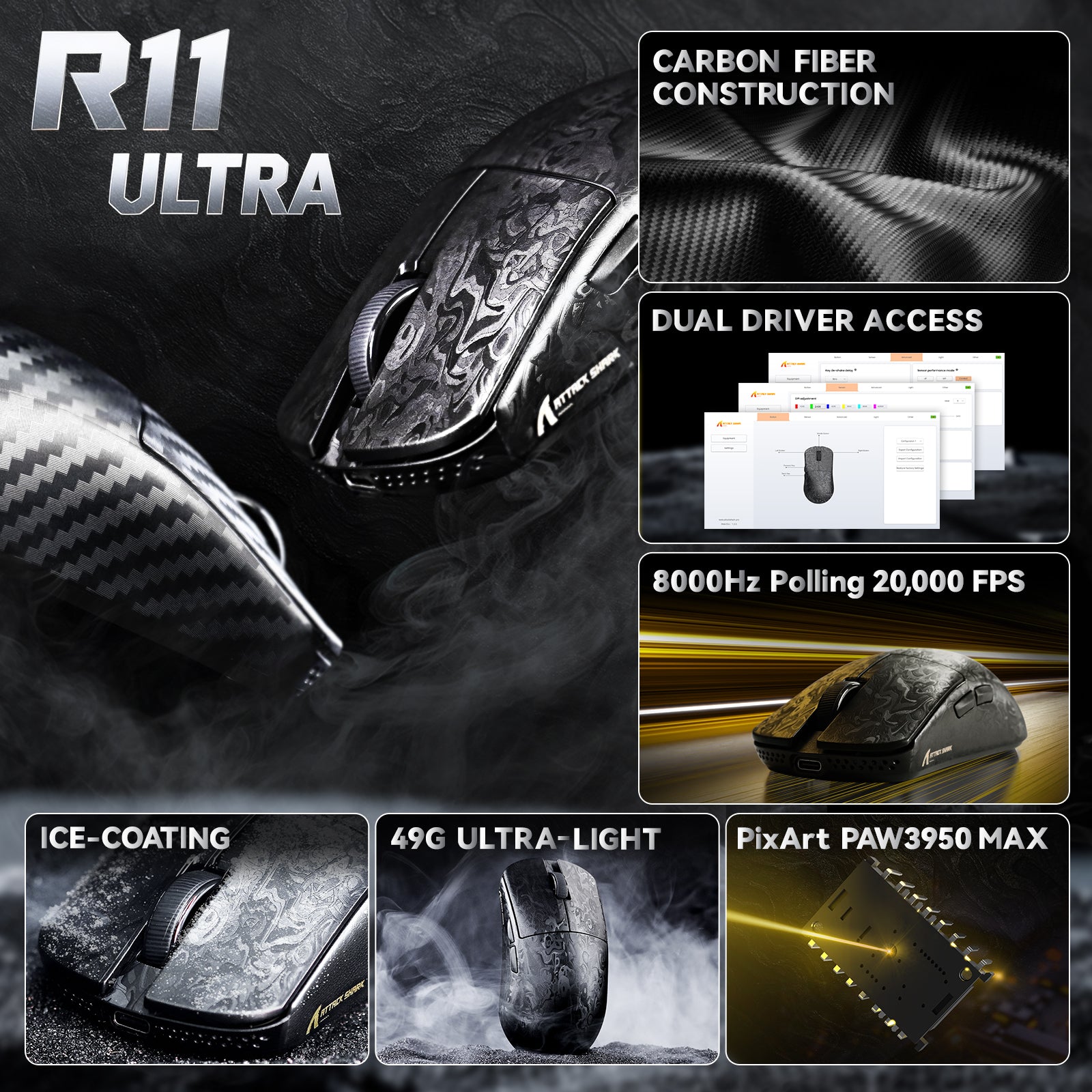 Ratón inalámbrico para juegos ATTACK SHARK R11 ULTRA de fibra de carbono 8K PAW3950MAX con cable C06 Ultra LED