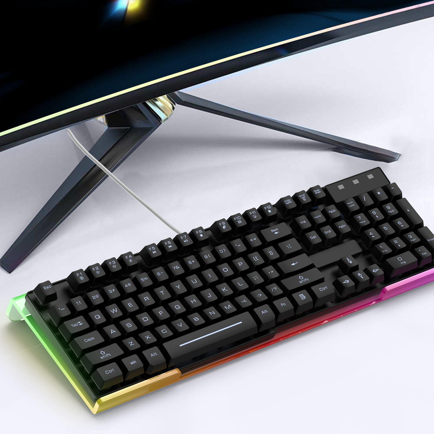 Ergonomic RGB keyboard holder with vibrant backlighting and black mechanical keyboard.