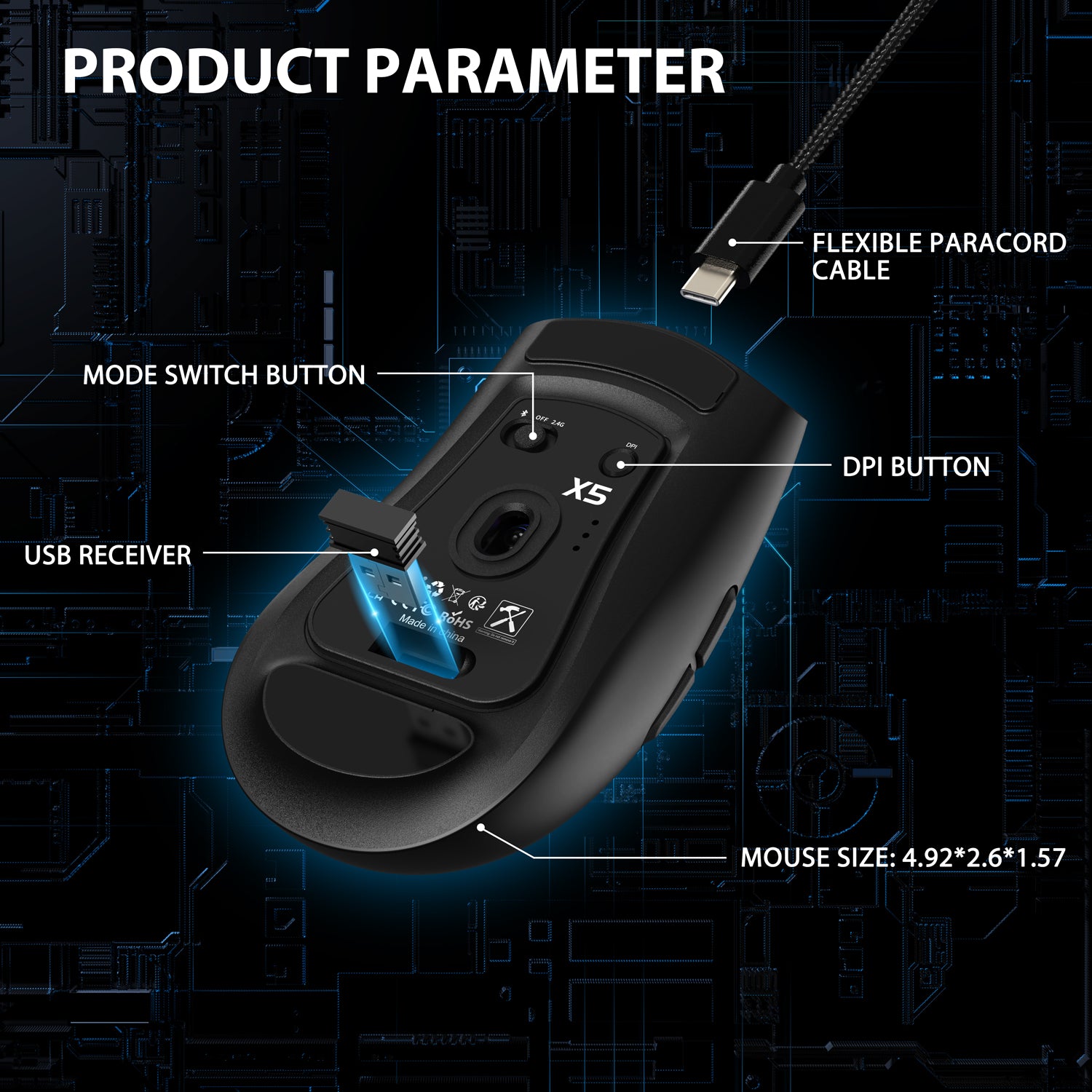 Underside of Attack Shark X5 mouse showing USB receiver, mode switch, and DPI button.