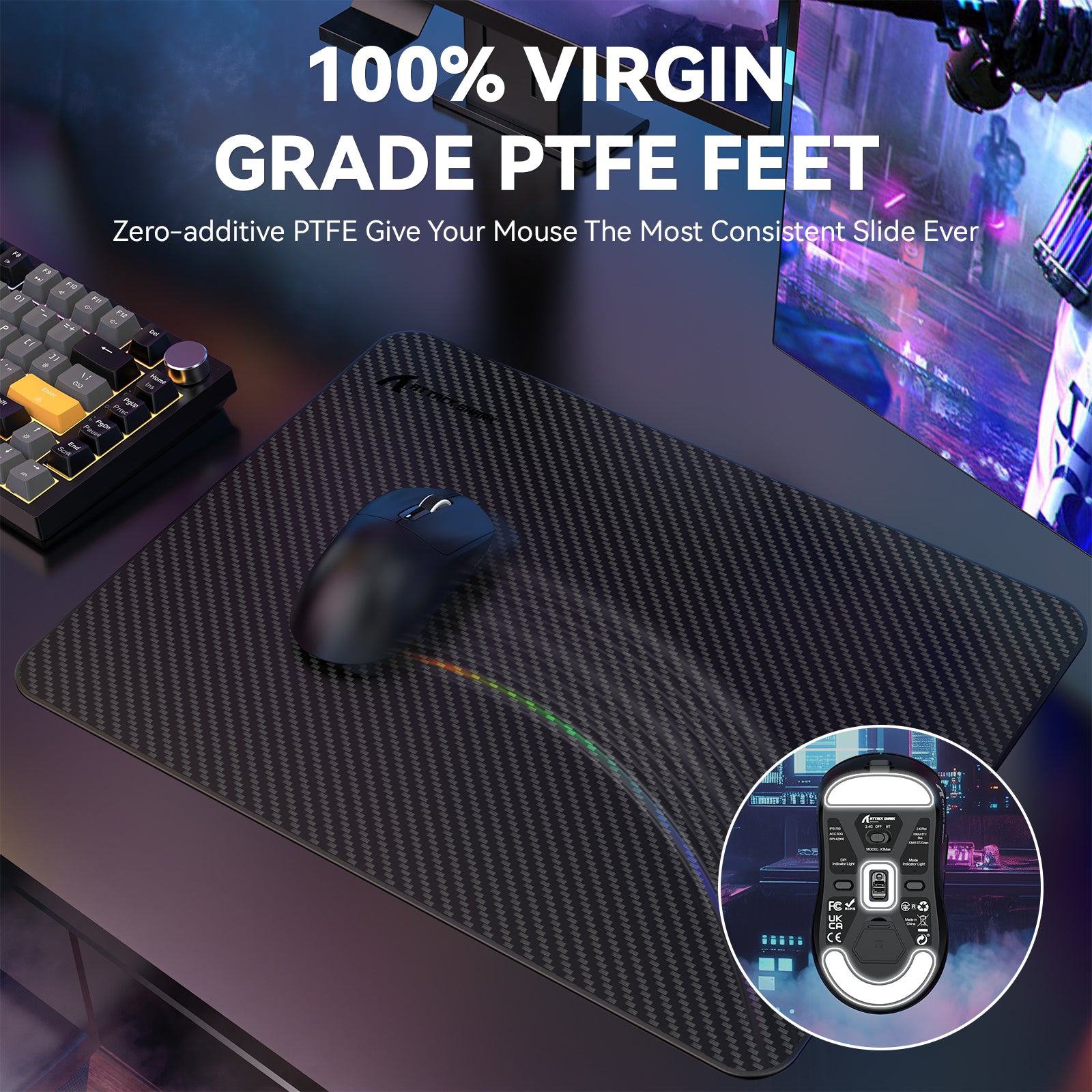 X3MAX wireless gaming mouse features virgin-grade PTFE feet for optimal glide on a mouse pad.