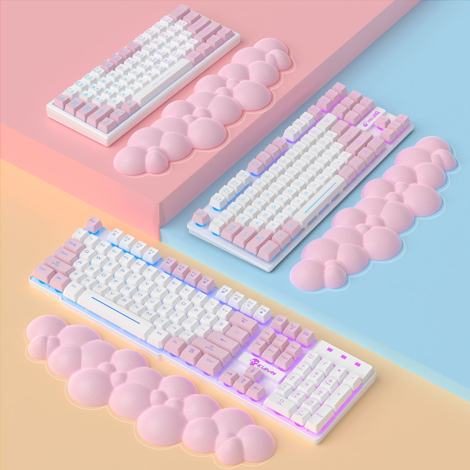 Pastel cloud-shaped wrist rests beside colorful mechanical keyboards on a gradient background.