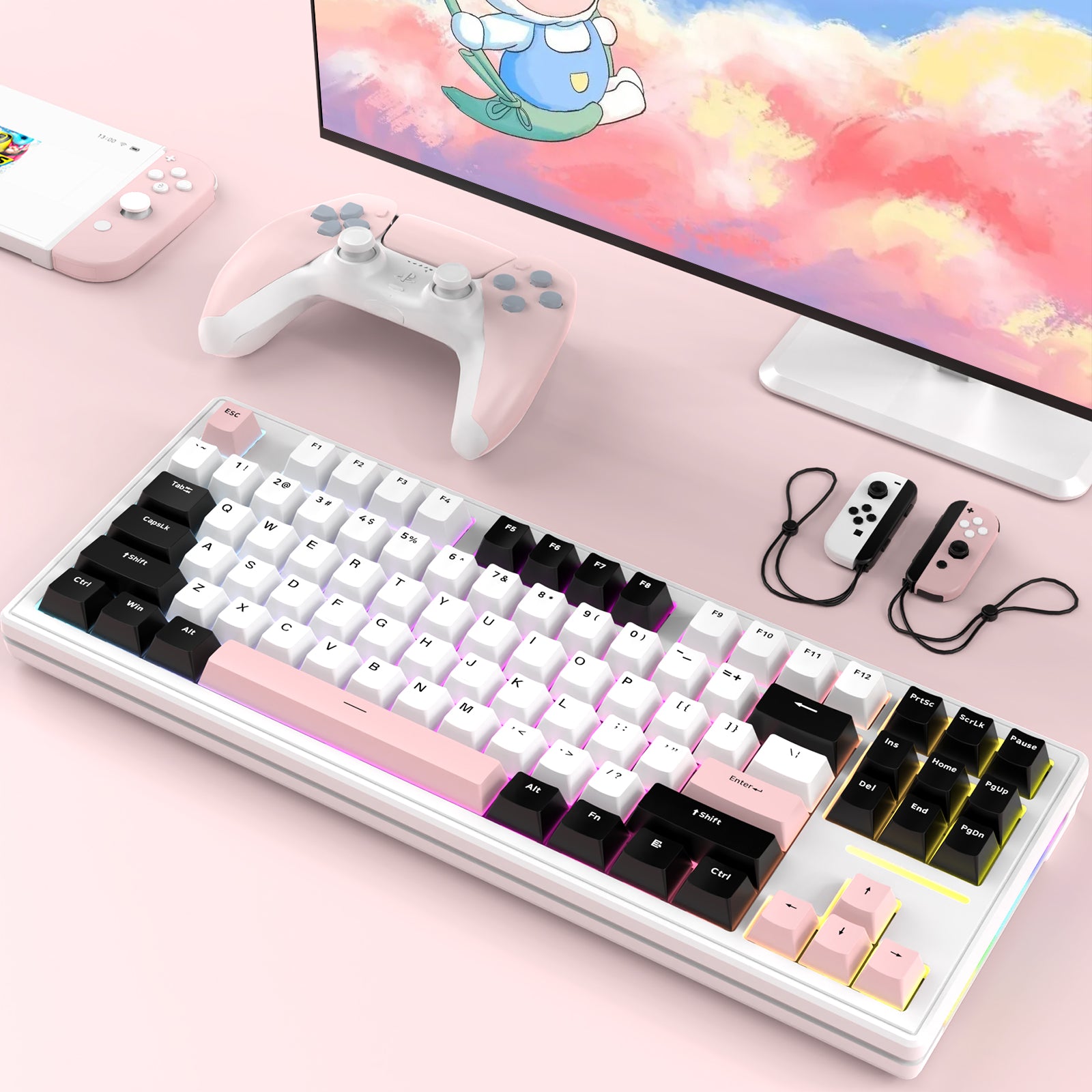 Attack Shark M87 keyboard with pastel gradient keycaps and RGB lighting beside gaming accessories.