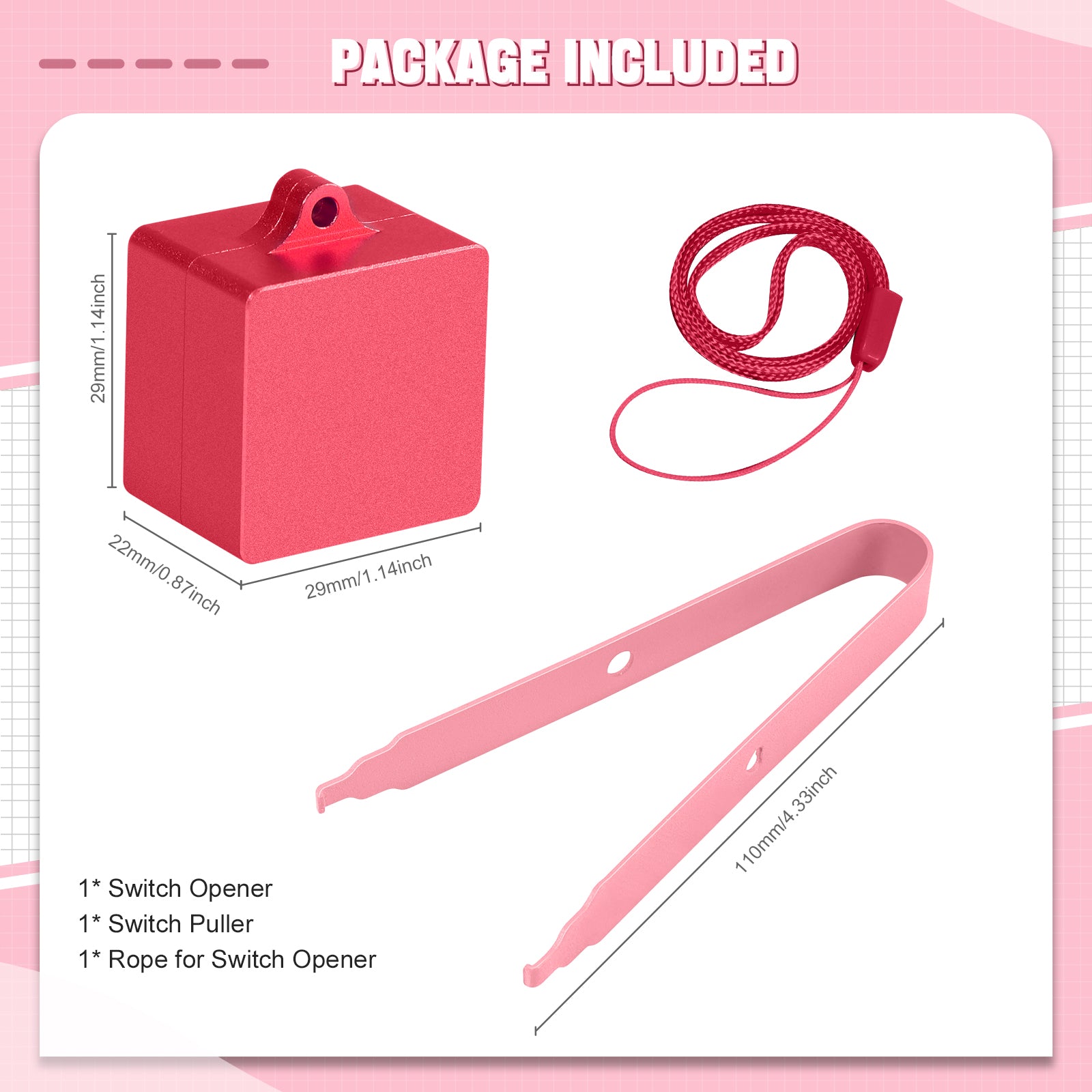 Pink switch opener kit with puller and rope for mechanical keyboards customization.