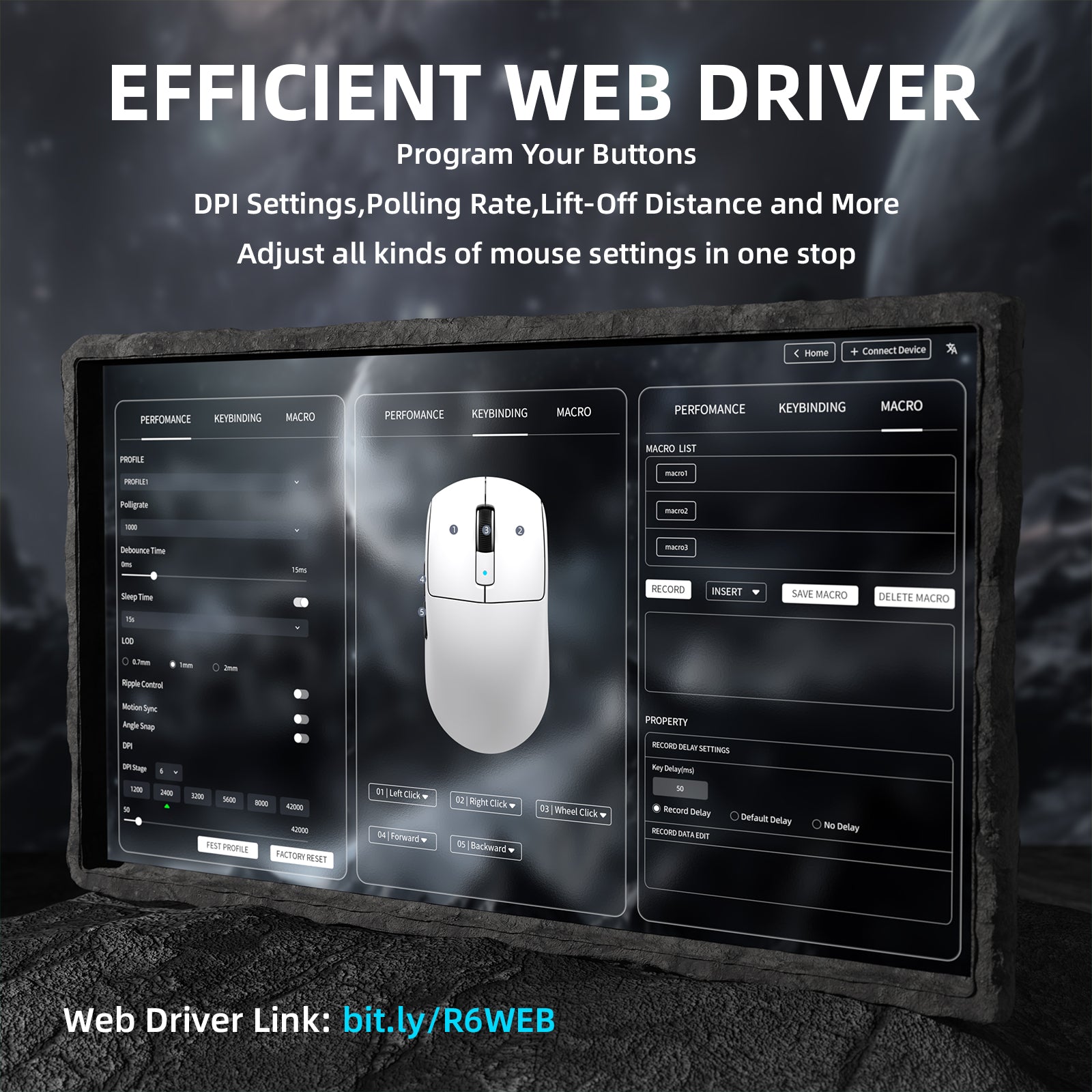 Web driver interface for Attack Shark R6PRO mouse settings customization.