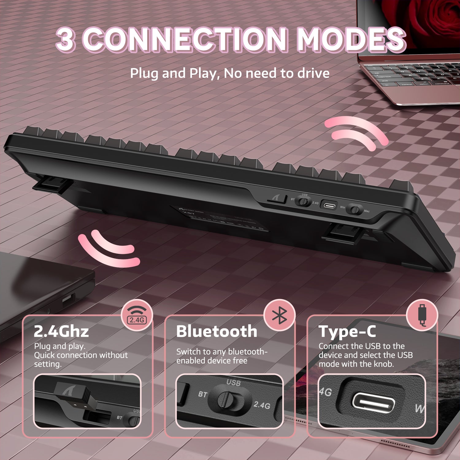 X87 keyboard showing three connection modes: 2.4GHz, Bluetooth, and Type-C.