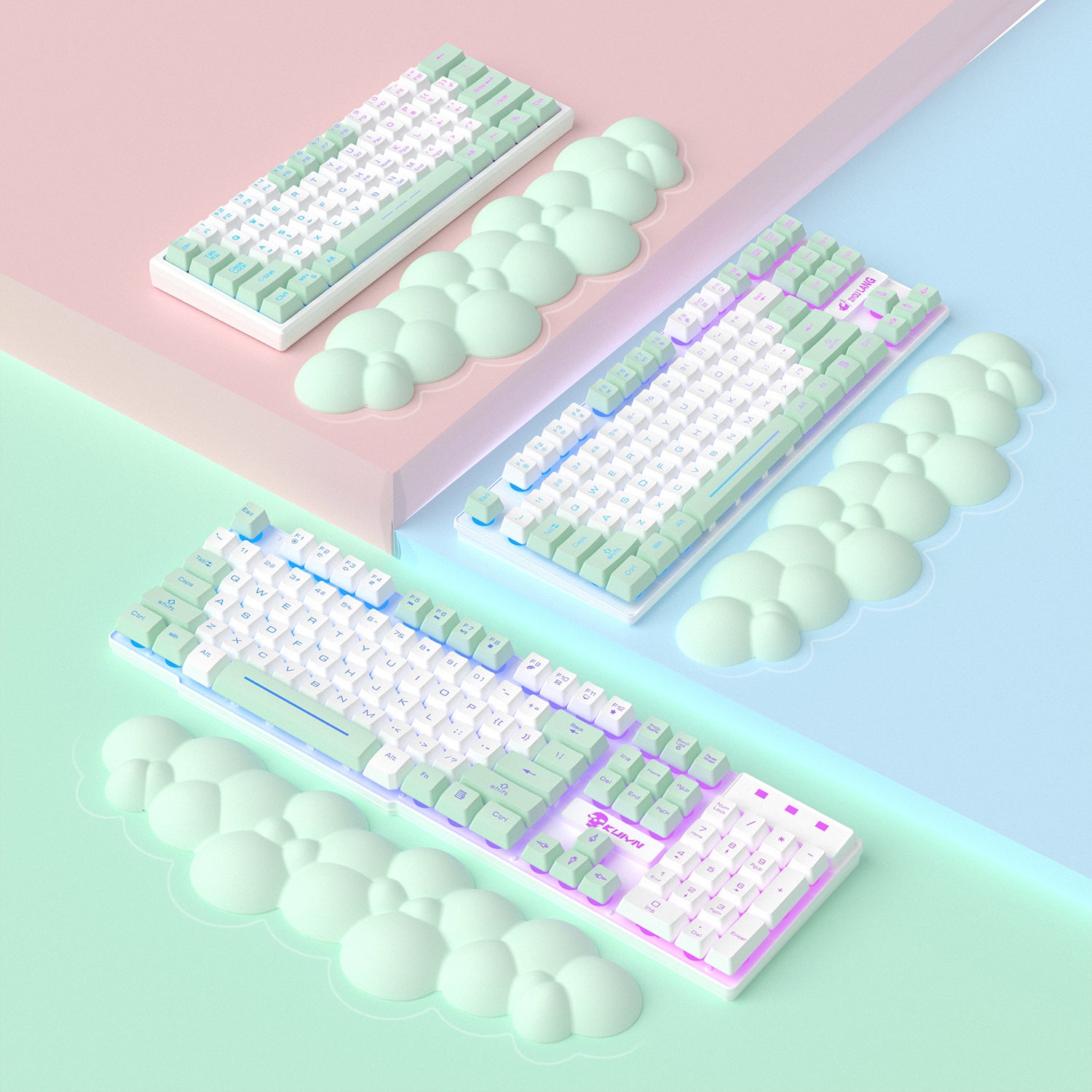 Colorful mechanical keyboards on a pastel background with cloud-shaped wrist rests.