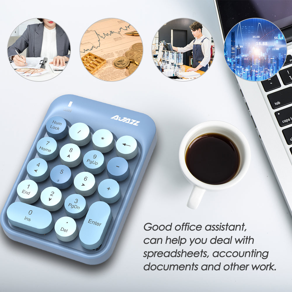 Light blue wireless numeric keypad highlighting office assistant features beside laptop and coffee.