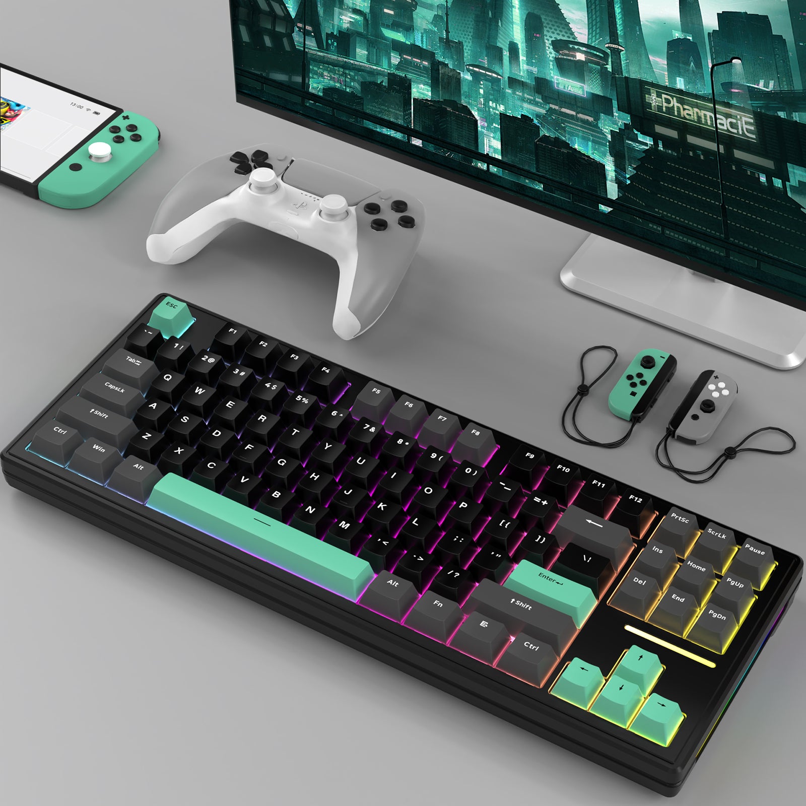 Attack Shark M87 wireless keyboard with gradient keycaps and RGB lighting alongside gaming accessories.