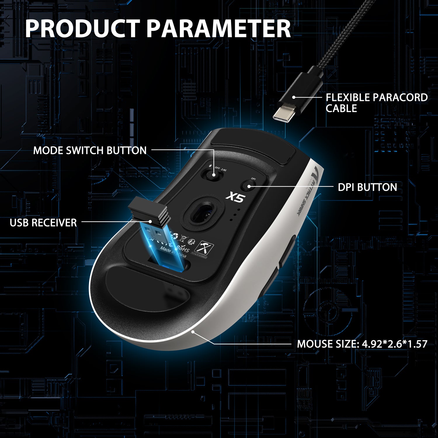 Underside view of Attack Shark X5 mouse with USB receiver and product parameters displayed.