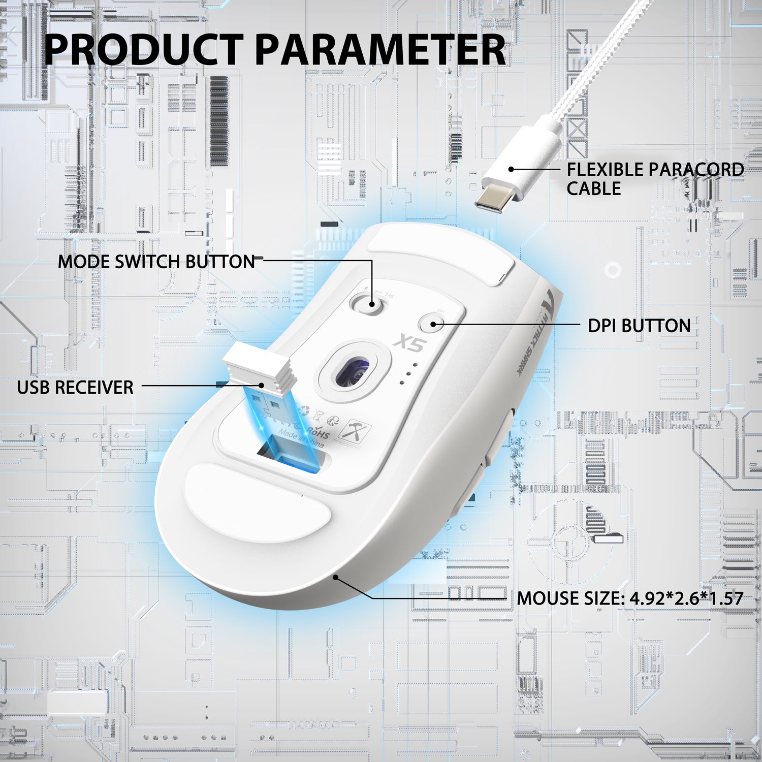 Attack Shark X5 gaming mouse underside featuring USB receiver, DPI button, and paracord cable.