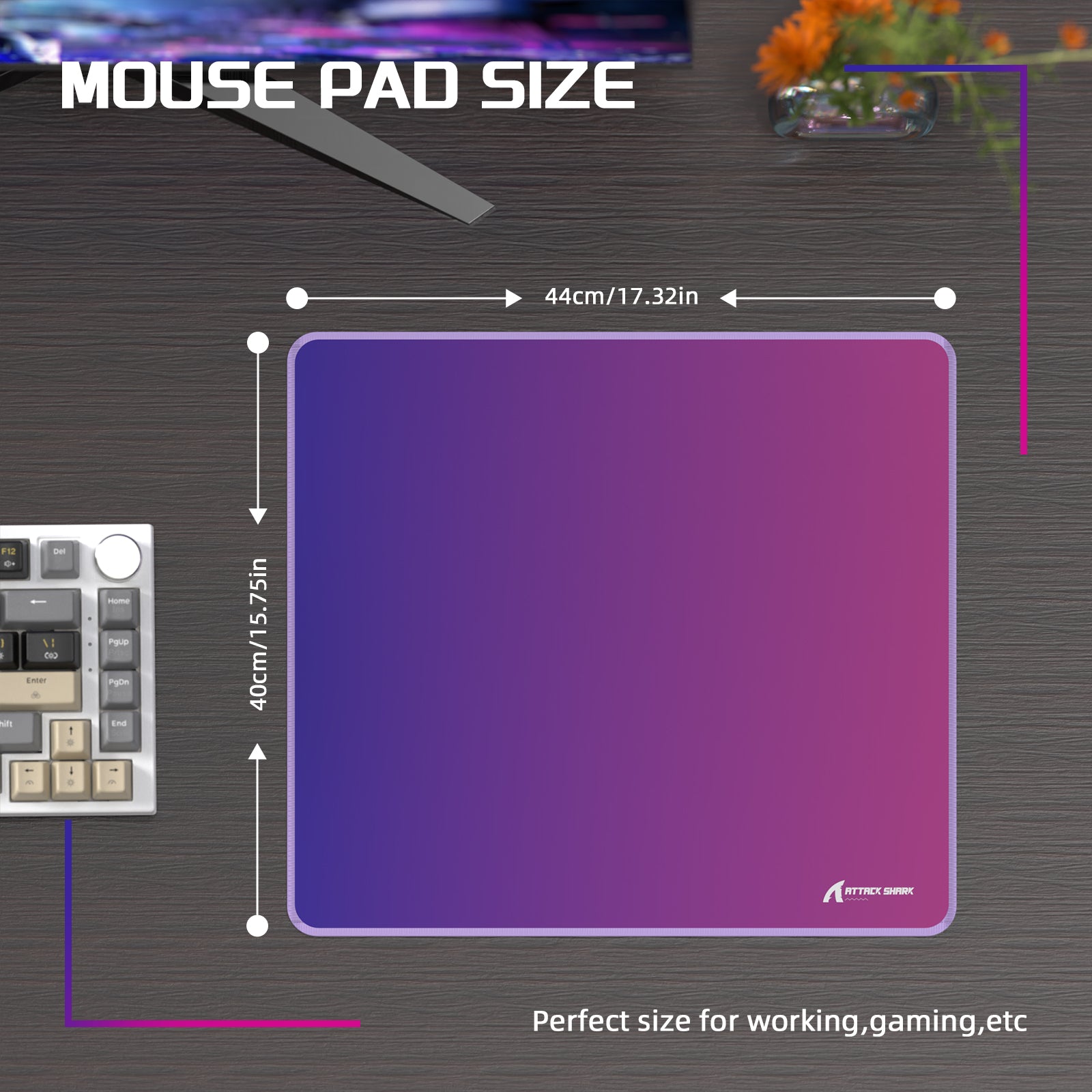 Attack Shark CM03 mouse pad size dimensions 44cm x 40cm with gradient design.