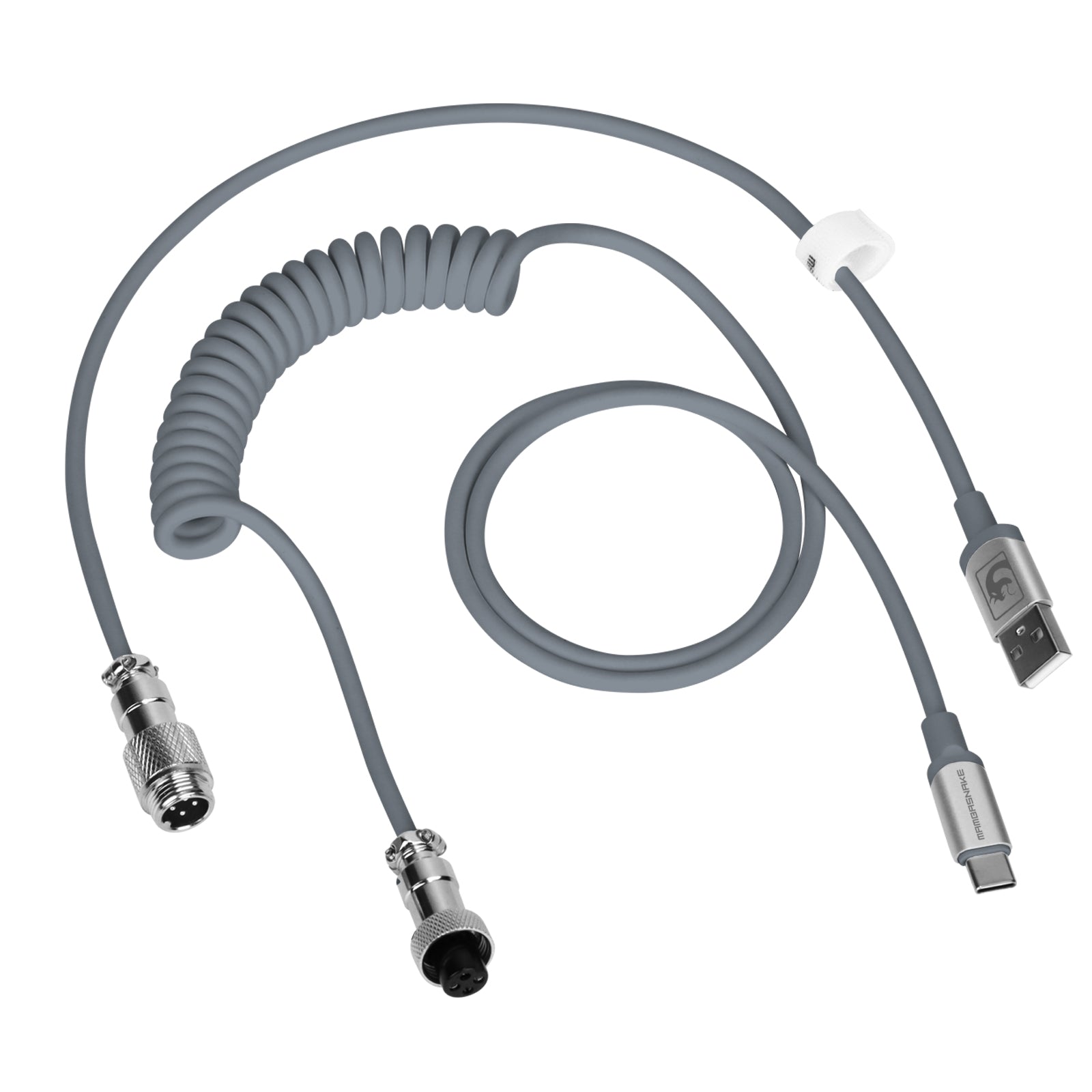 Premium gray coiled mouse cable with metal aviator connectors for stable connection.