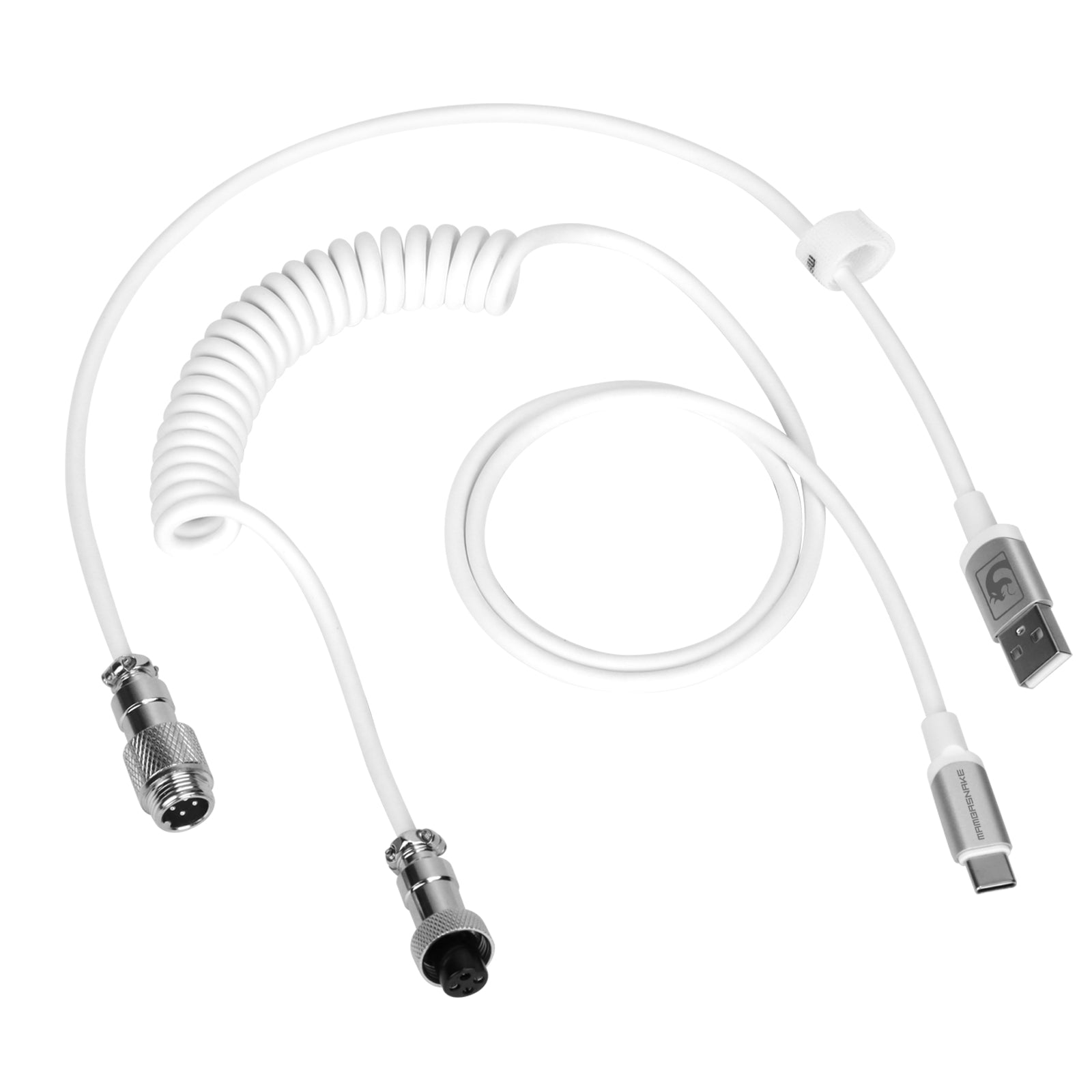 Coiled USB-C mouse cable with metal connectors and durable white design