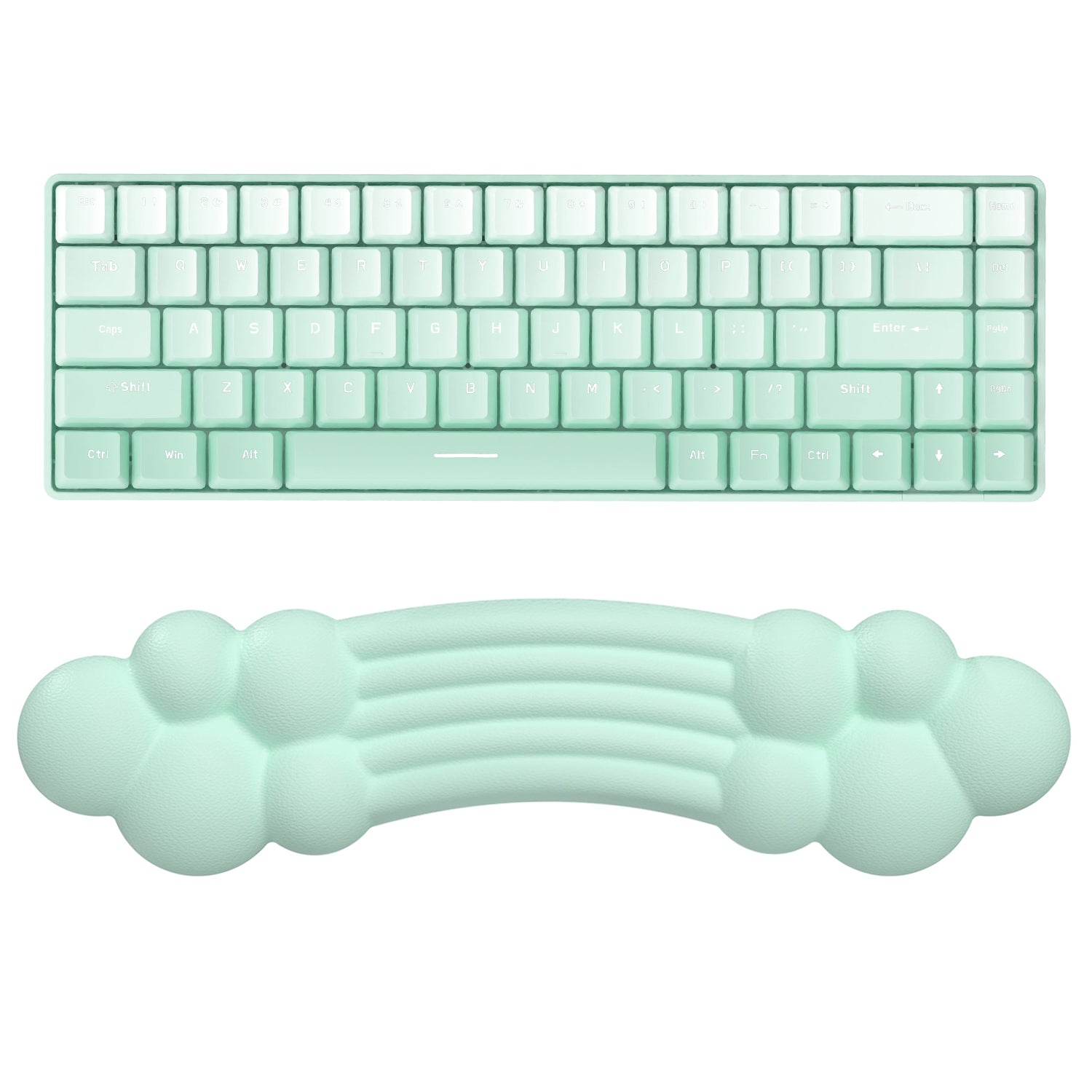 Pastel green rainbow cloud wrist rest under mint keyboard for ergonomic support.