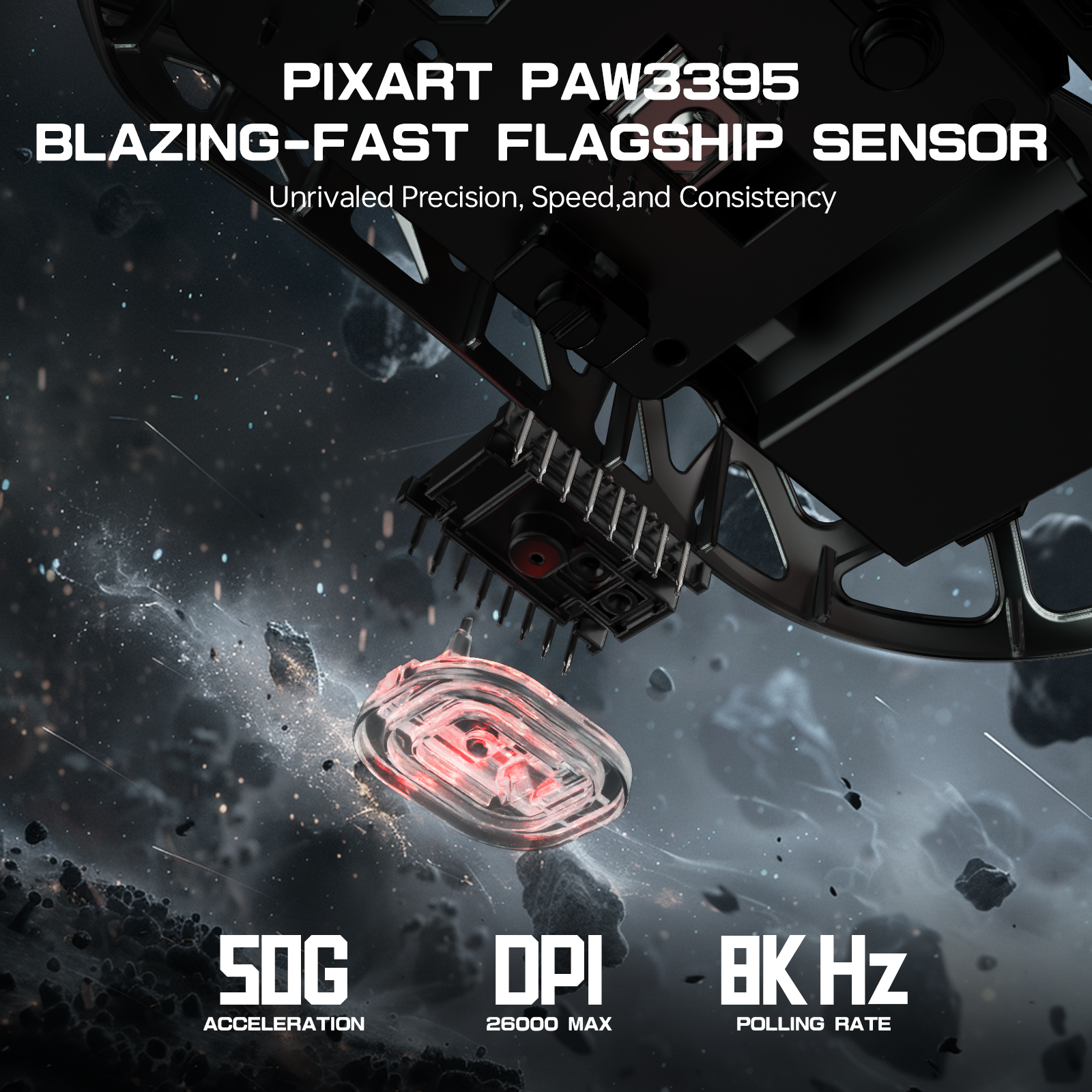 PixArt PAW3395 sensor showing specs: 50G acceleration, 26000 DPI, 8000Hz polling rate.