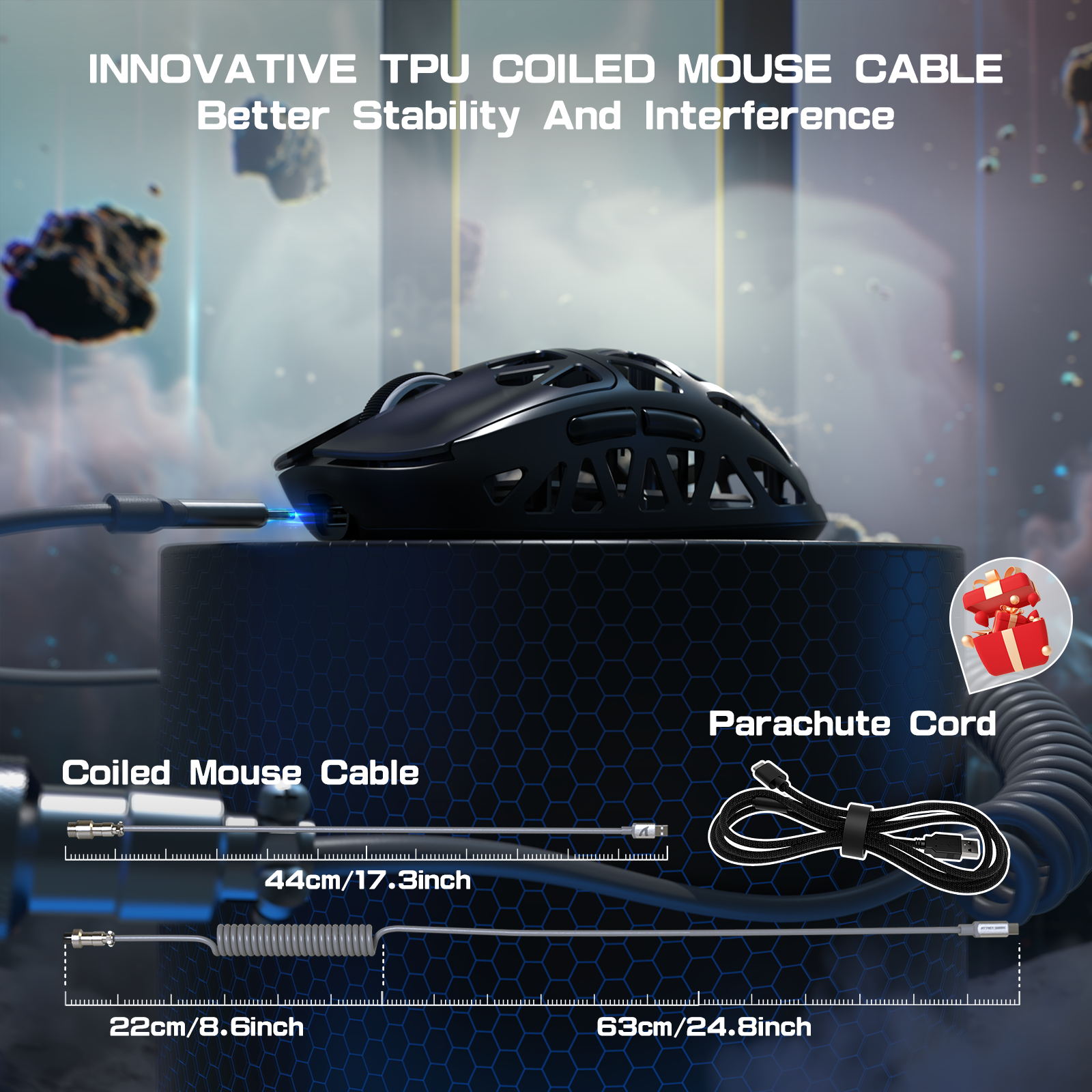 R2PRO Gaming Mouse with TPU coiled cable and parachute cord for stability.