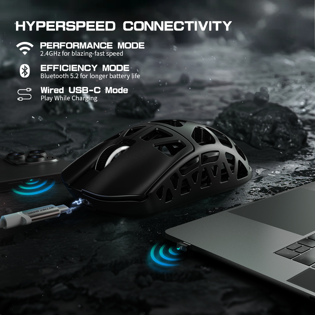 Attack Shark R3PRO gaming mouse showcasing HYPERSPEED connectivity options and USB-C charging.