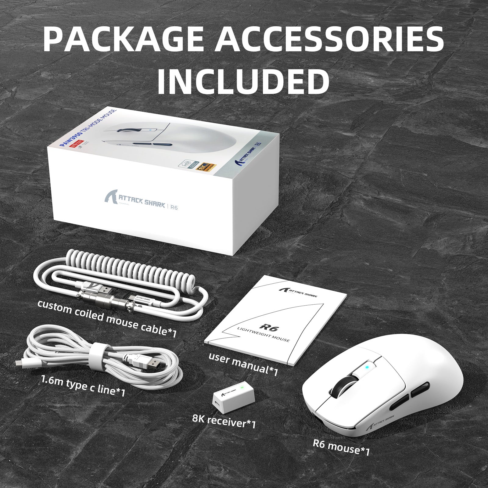 Attack Shark R6PRO gaming mouse package with USB receiver, coiled cable, and user manual.