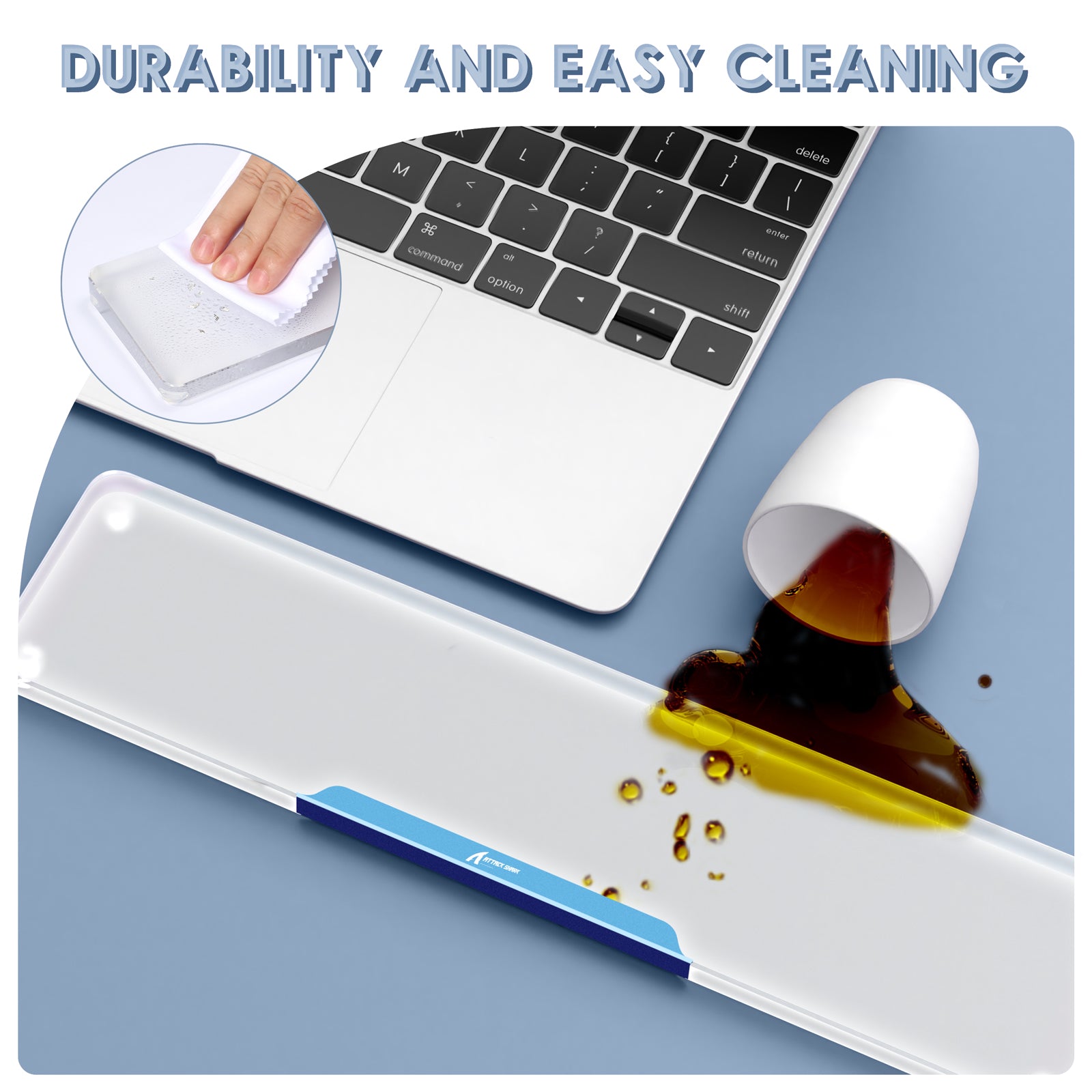 Acrylic wrist rest showing spill resistance and easy cleaning beside a laptop