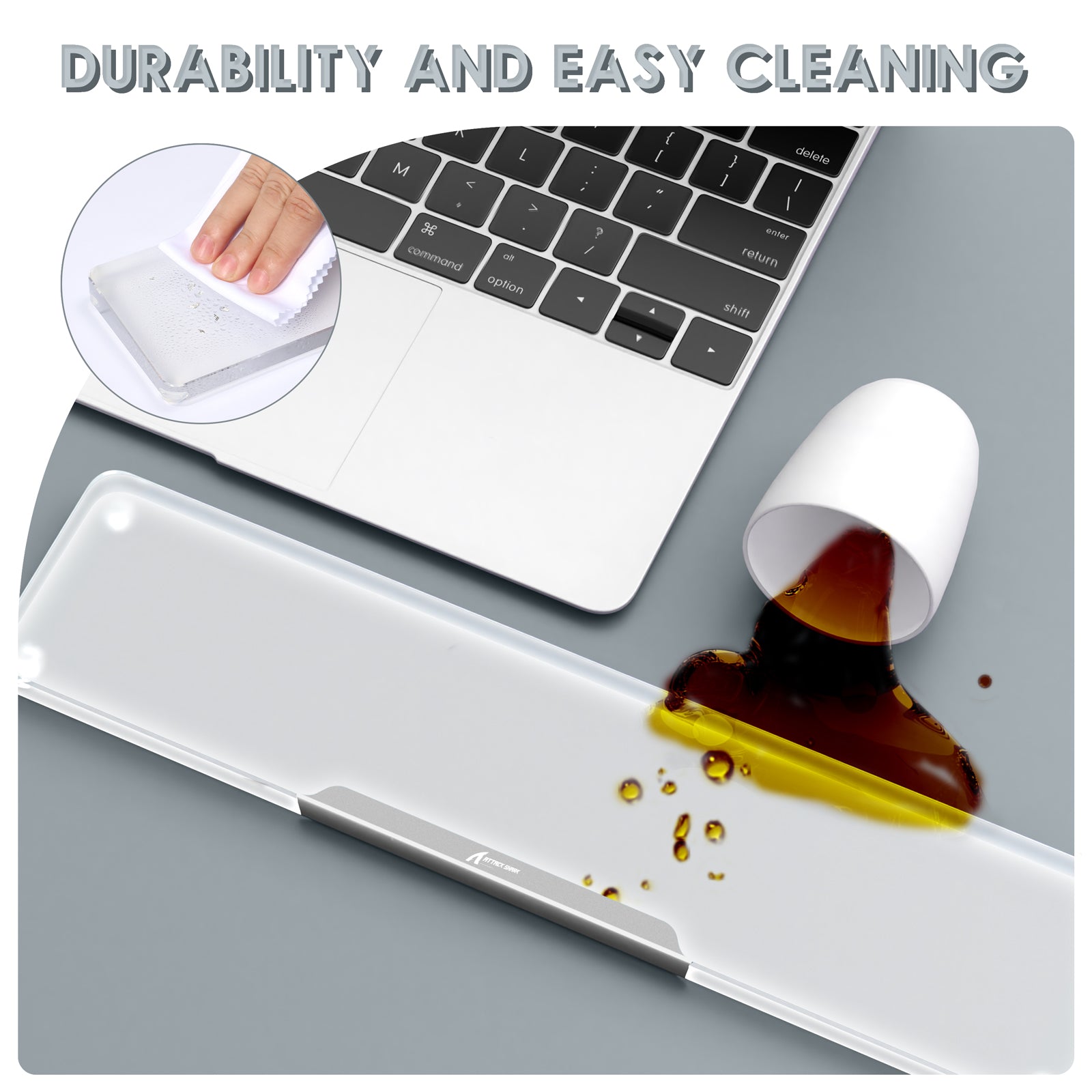 Spill-resistant acrylic wrist rest beside a laptop, showcasing easy cleaning benefits.