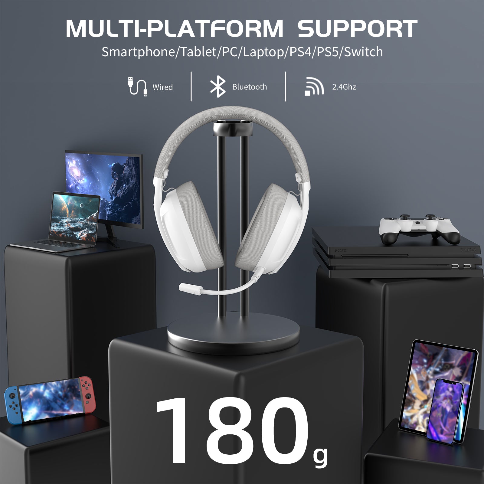 L80 ultra-light gaming headset showcasing multi-platform support with various devices.