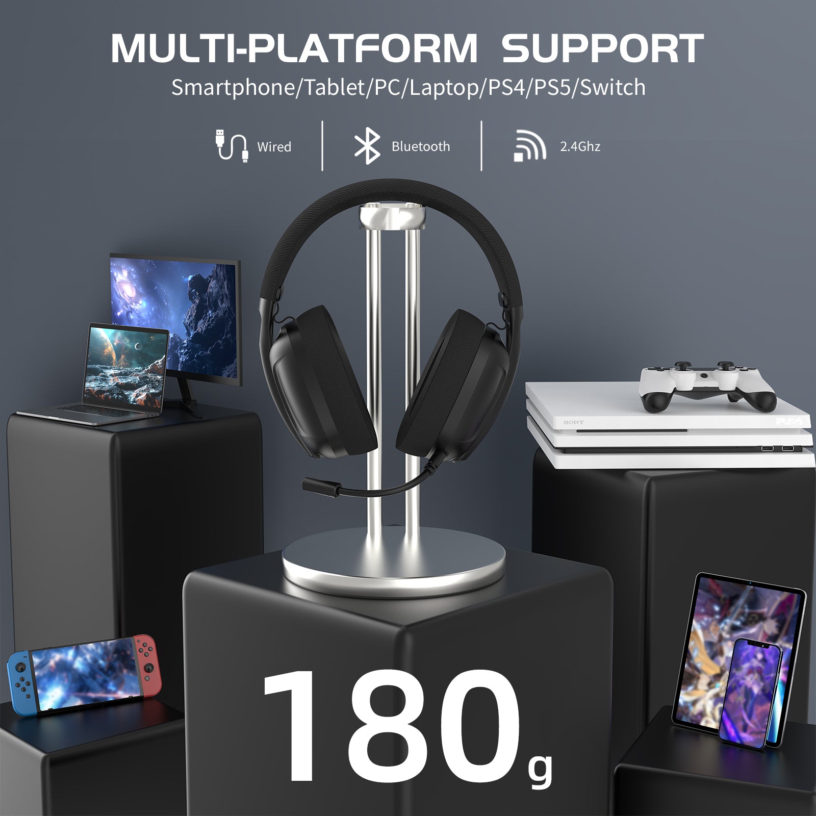 L80 gaming headset with multi-platform support: smartphone, tablet, laptop, PS4, PS5, Switch.