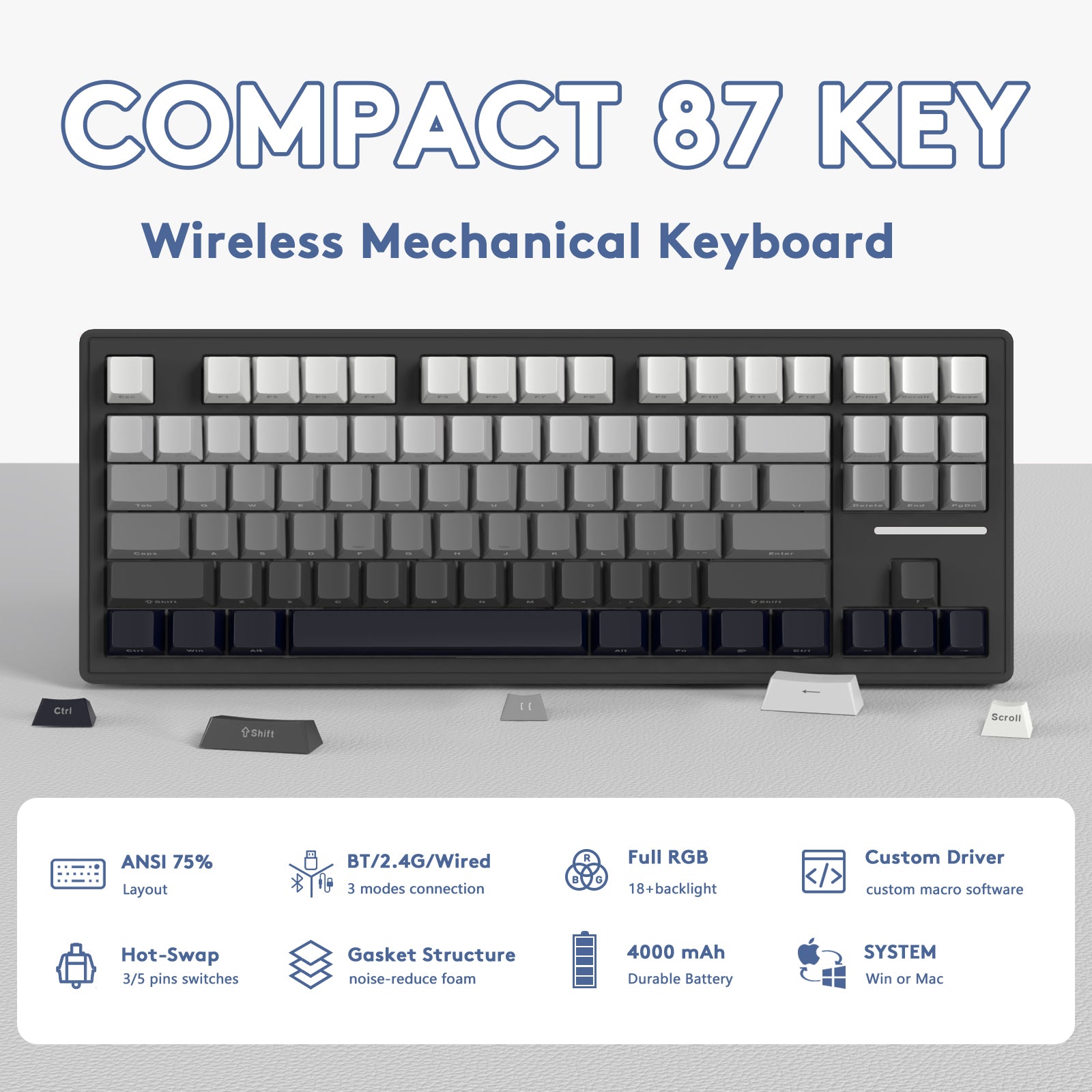 Compact 87-key wireless gaming keyboard with gradient keycap design and RGB lighting