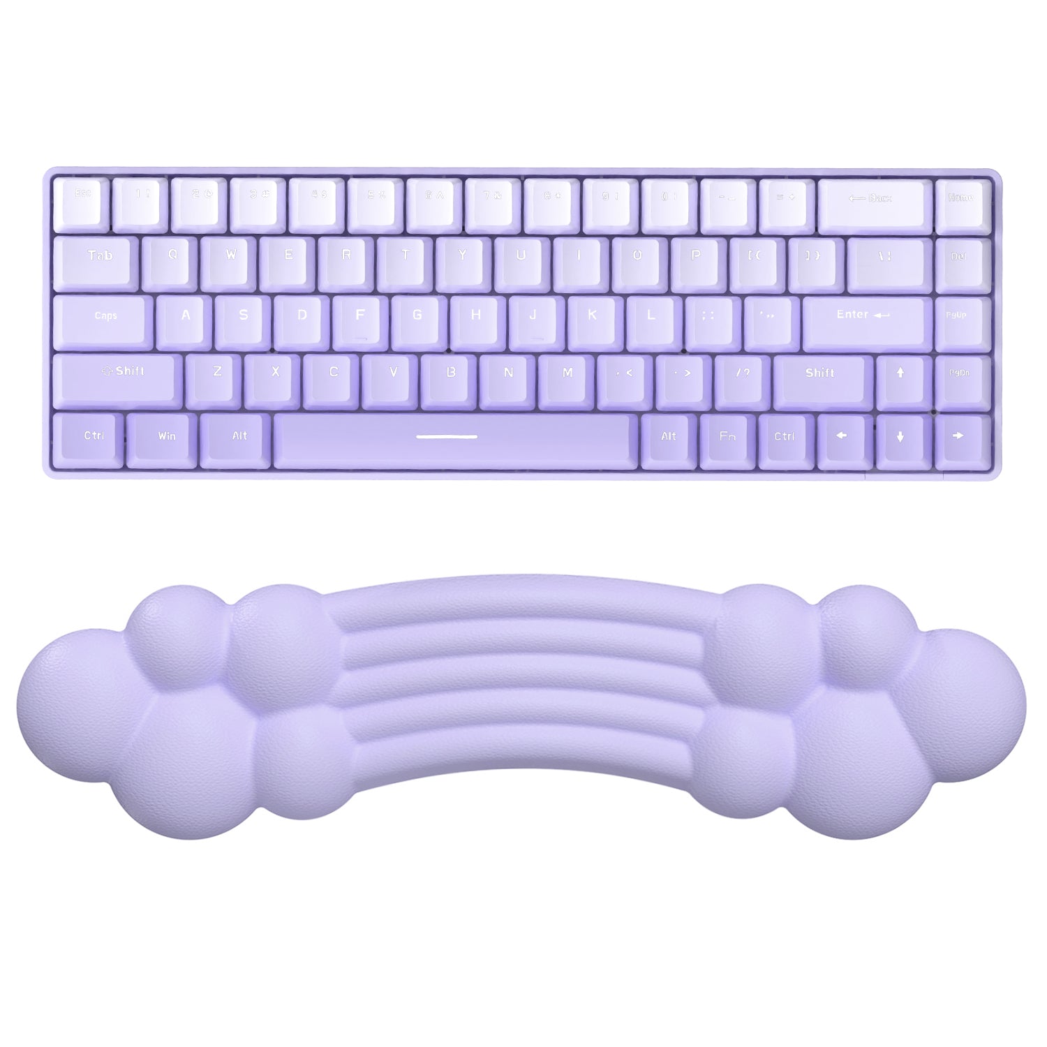 Pastel purple rainbow cloud wrist rest under matching keyboard for ergonomic comfort.