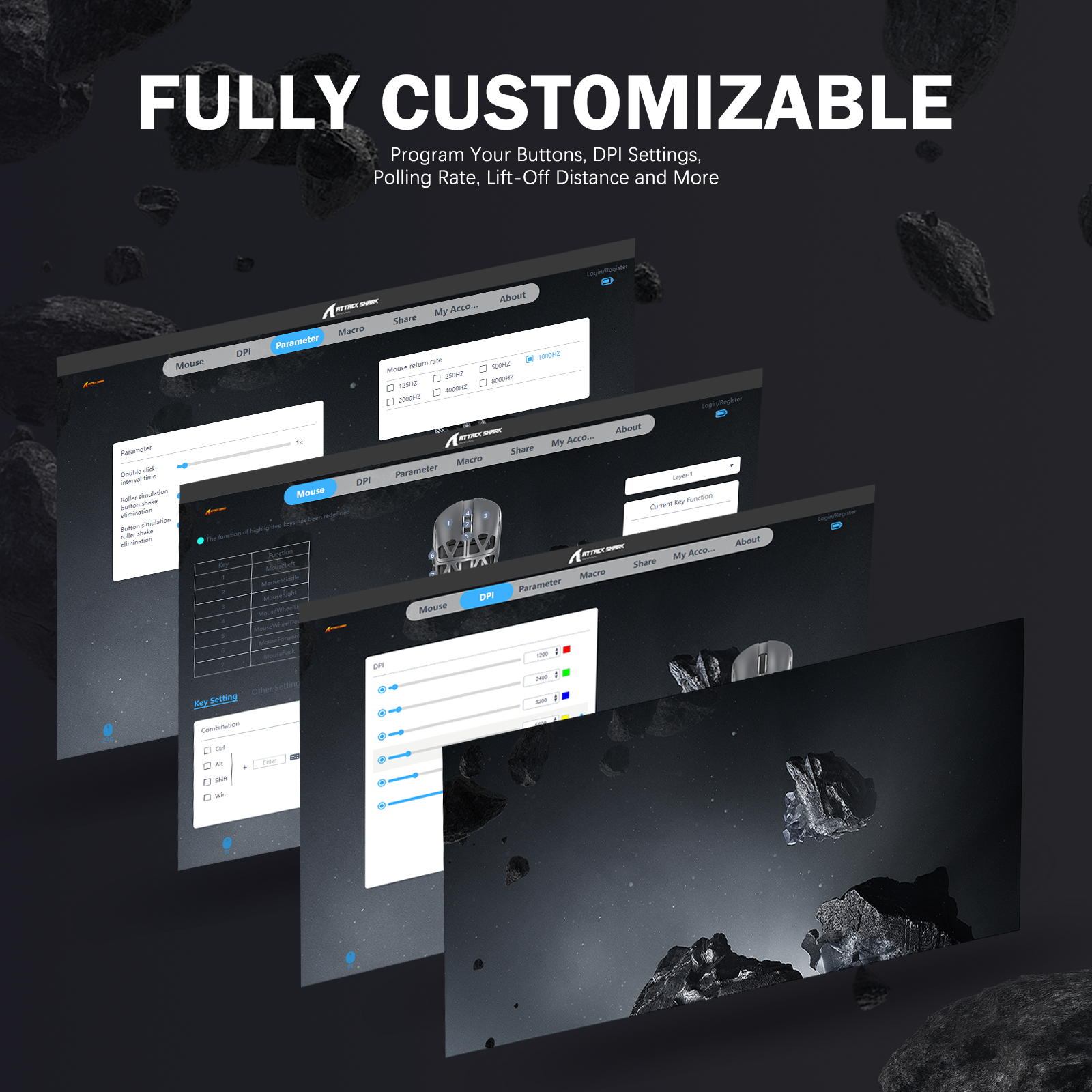 Custom software interface for R2PRO mouse settings on cosmic background.