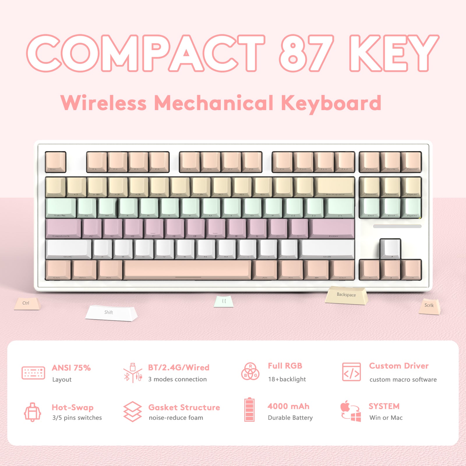 Attack Shark M87 compact 87-key wireless mechanical keyboard with pastel gradient keycaps.