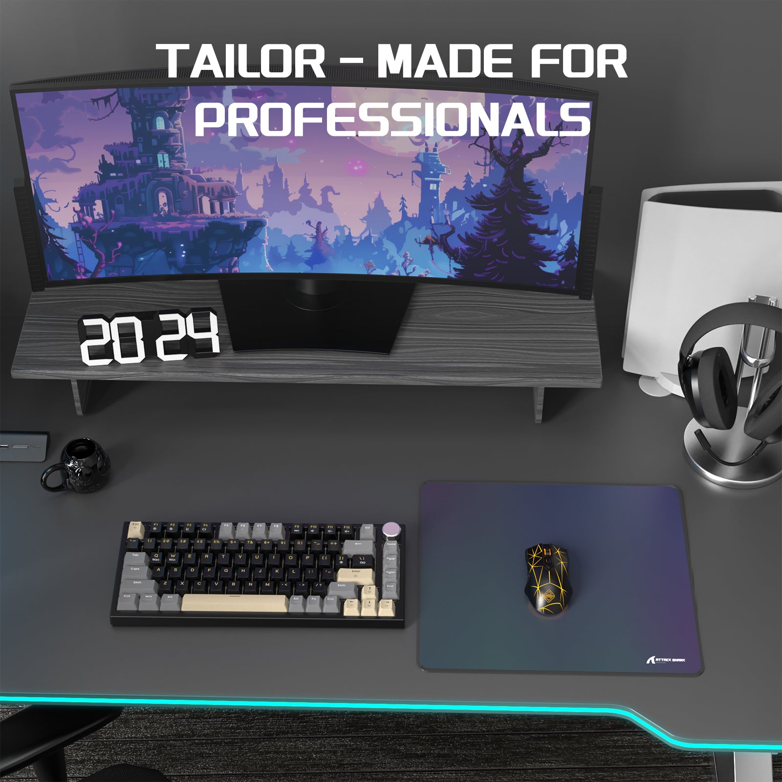 Professional gaming setup with Attack Shark CM03 mouse pad, mechanical keyboard, and curved monitor.