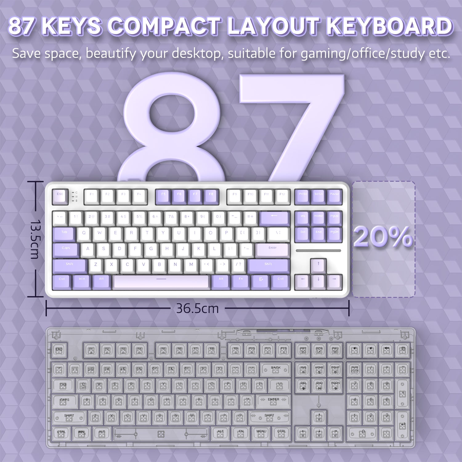 87 keys compact keyboard layout for gaming and office use, promotes space-saving design.