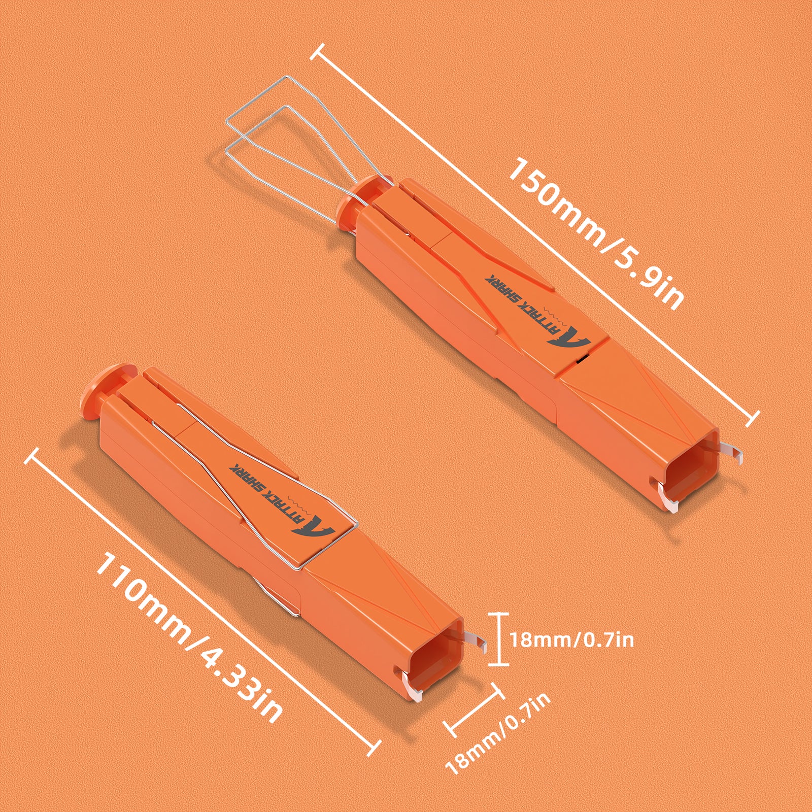 Attack Shark orange 2-in-1 keycap and switch puller dimensions on orange background.