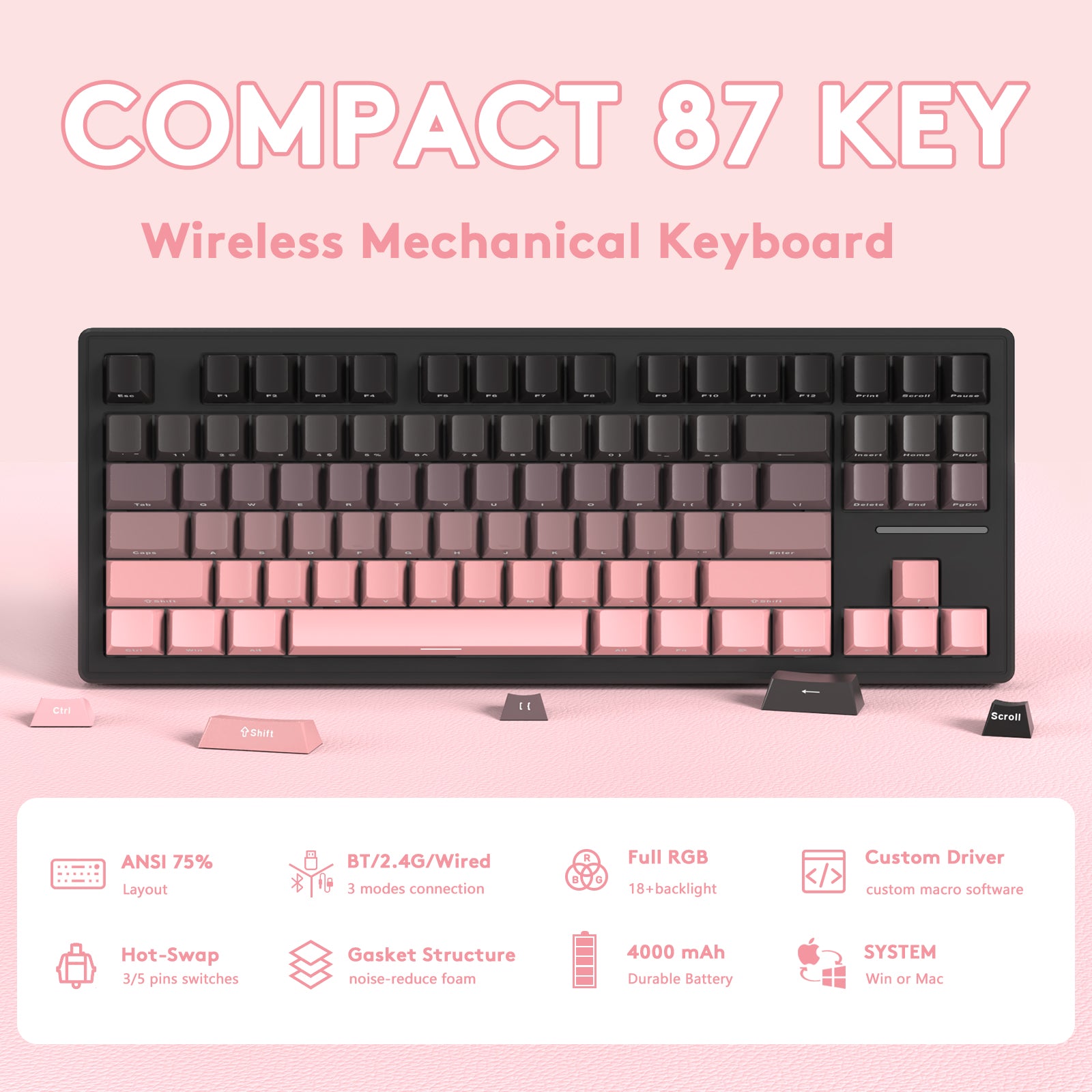 Compact 87-key wireless mechanical keyboard with pastel gradient keycaps and features.