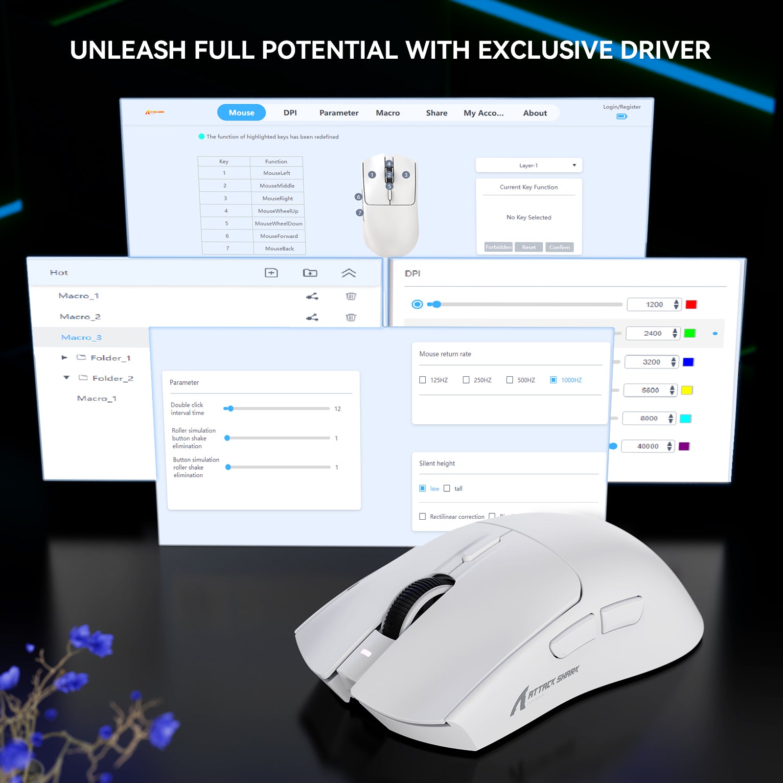 Ratón para juegos ATTACK SHARK X1 de tres modos con panel táctil RGB y base de carga PAW3395PRO Sensor