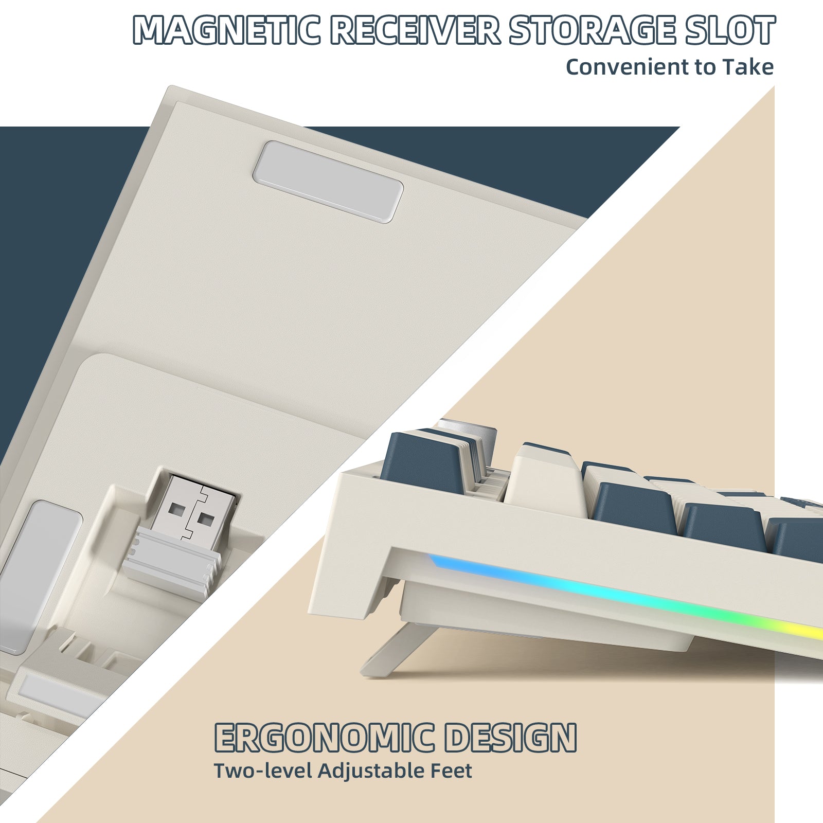 K86 keyboard underside showing magnetic receiver slot and ergonomic adjustable feet.