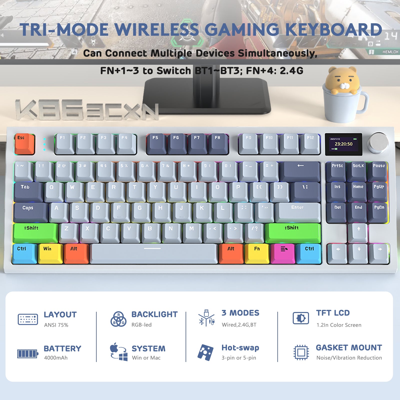 K86PRO wireless gaming keyboard showcasing tri-mode connectivity, TFT display, and colorful keycaps.