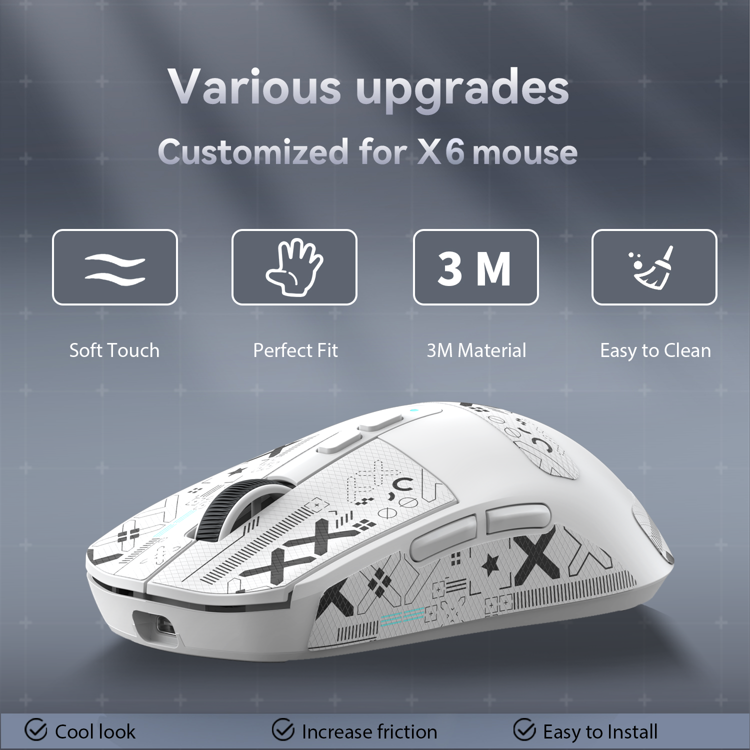 Customizable grip tape on X6 mouse for better handling and easy cleaning.