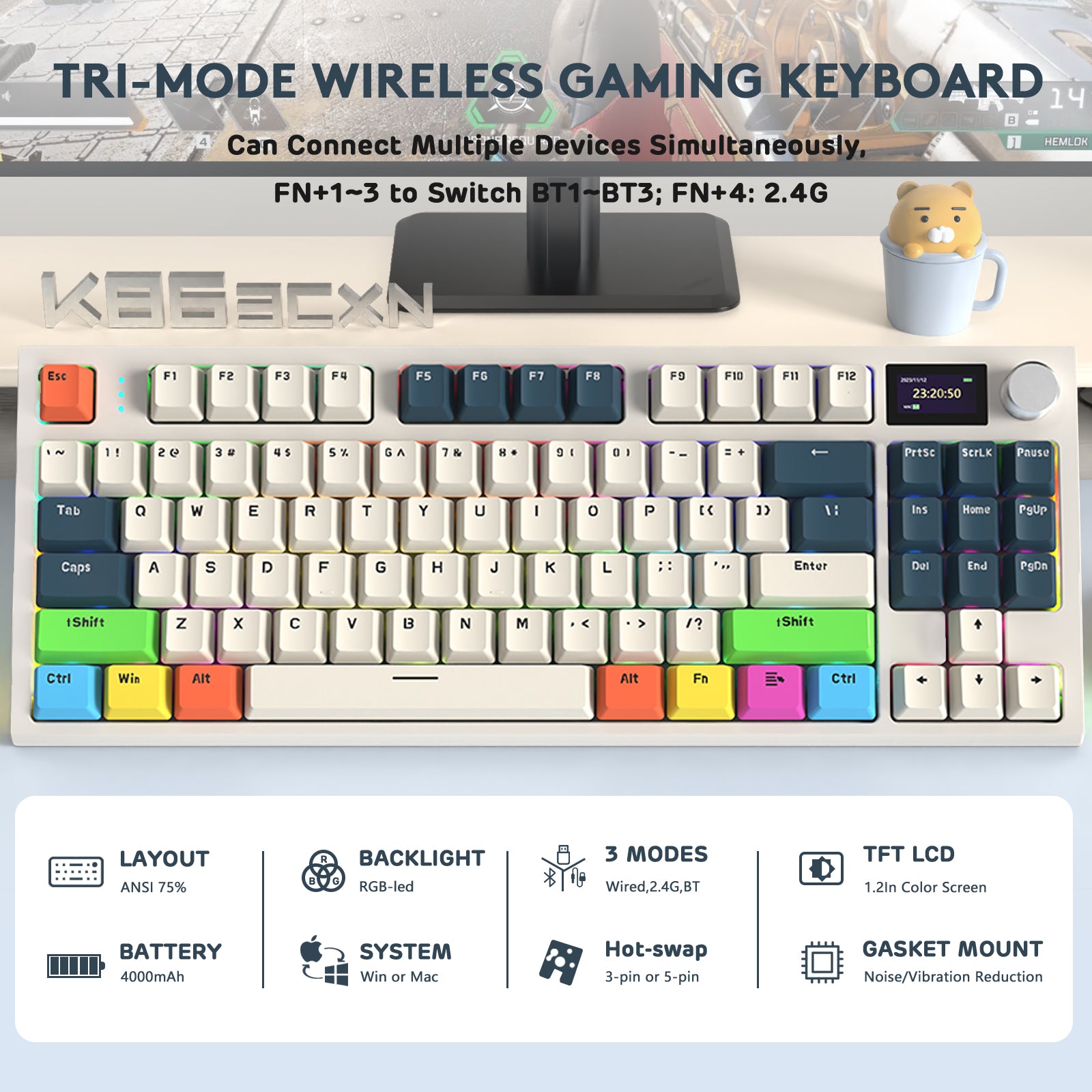 K86PRO tri-mode wireless mechanical keyboard with colorful keycaps and TFT display.