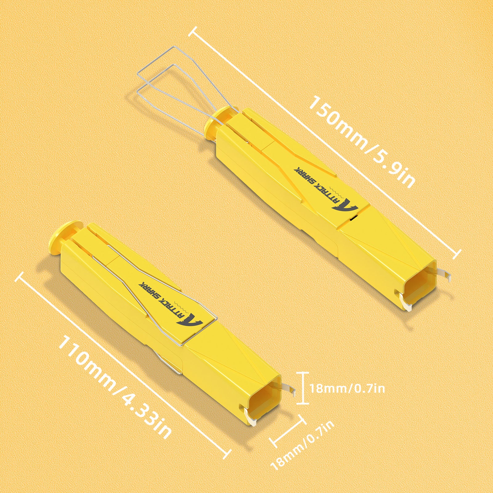 Yellow 2-in-1 keycap and switch puller dimensions: 150mm x 110mm.