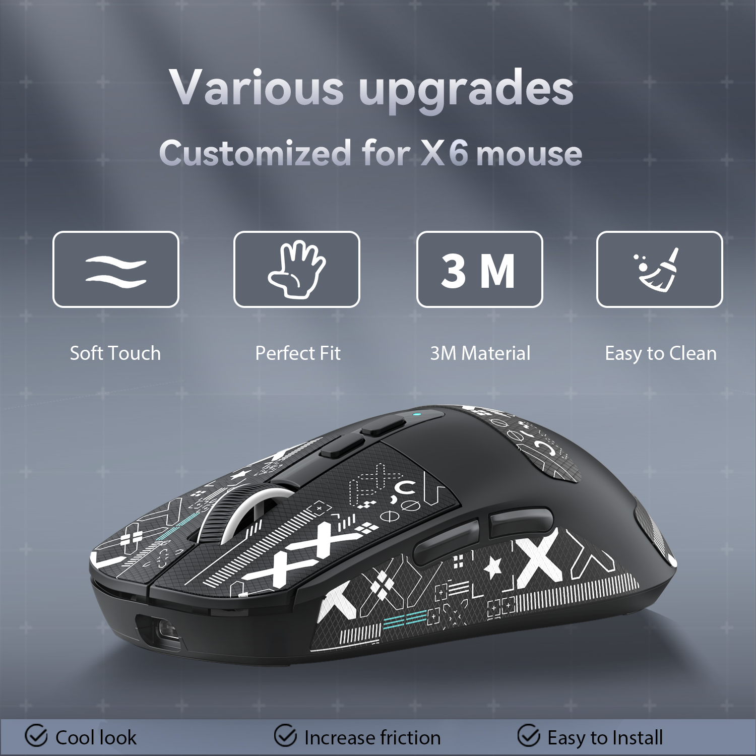 Upgraded X6 gaming mouse with geometric grip tape and easy-clean material.