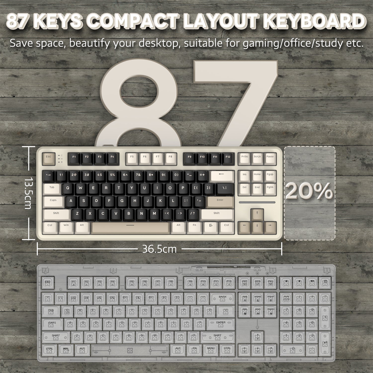 Compact 87 keys layout of ATTACK SHARK X87 keyboard promoting space-saving design.