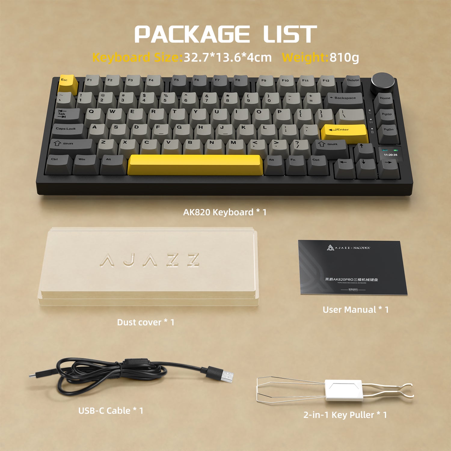 Attack Shark AK820 Pro package list with keyboard, dust cover, USB-C cable, and accessories.