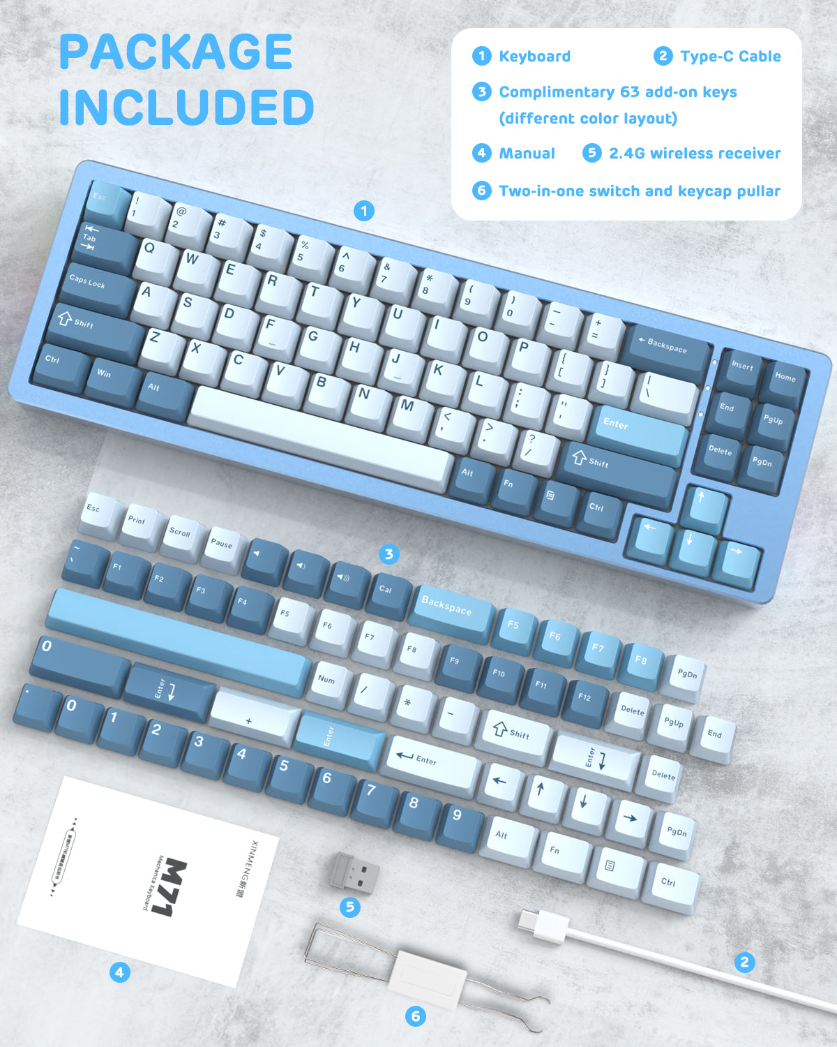 Contents of Attack Shark M71 keyboard package: keyboard, USB receiver, manual, and extra keys.